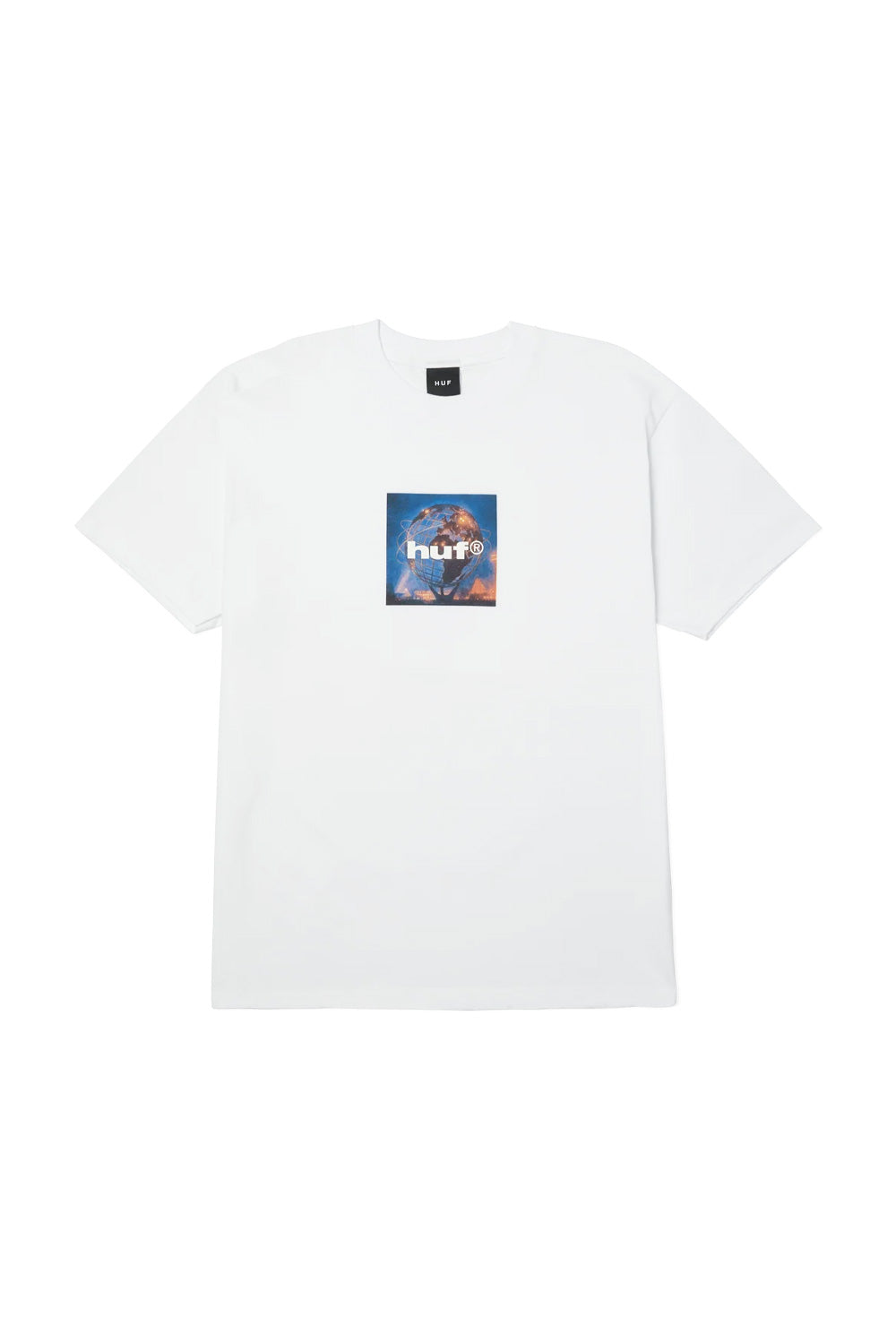 Front view of the white HUF Unisphere T-Shirt, crafted from heavy 250gsm 100% cotton jersey in a classic regular fit, showcasing a square photo print on the center chest featuring the illuminated Queens New York Unisphere steel globe monument at night with bold white HUF brand typography.