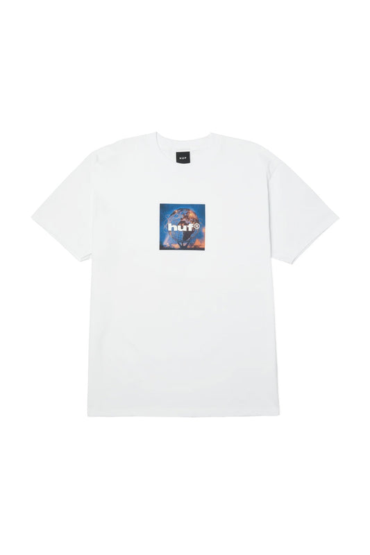 Front view of the white HUF Unisphere T-Shirt, crafted from heavy 250gsm 100% cotton jersey in a classic regular fit, showcasing a square photo print on the center chest featuring the illuminated Queens New York Unisphere steel globe monument at night with bold white HUF brand typography.