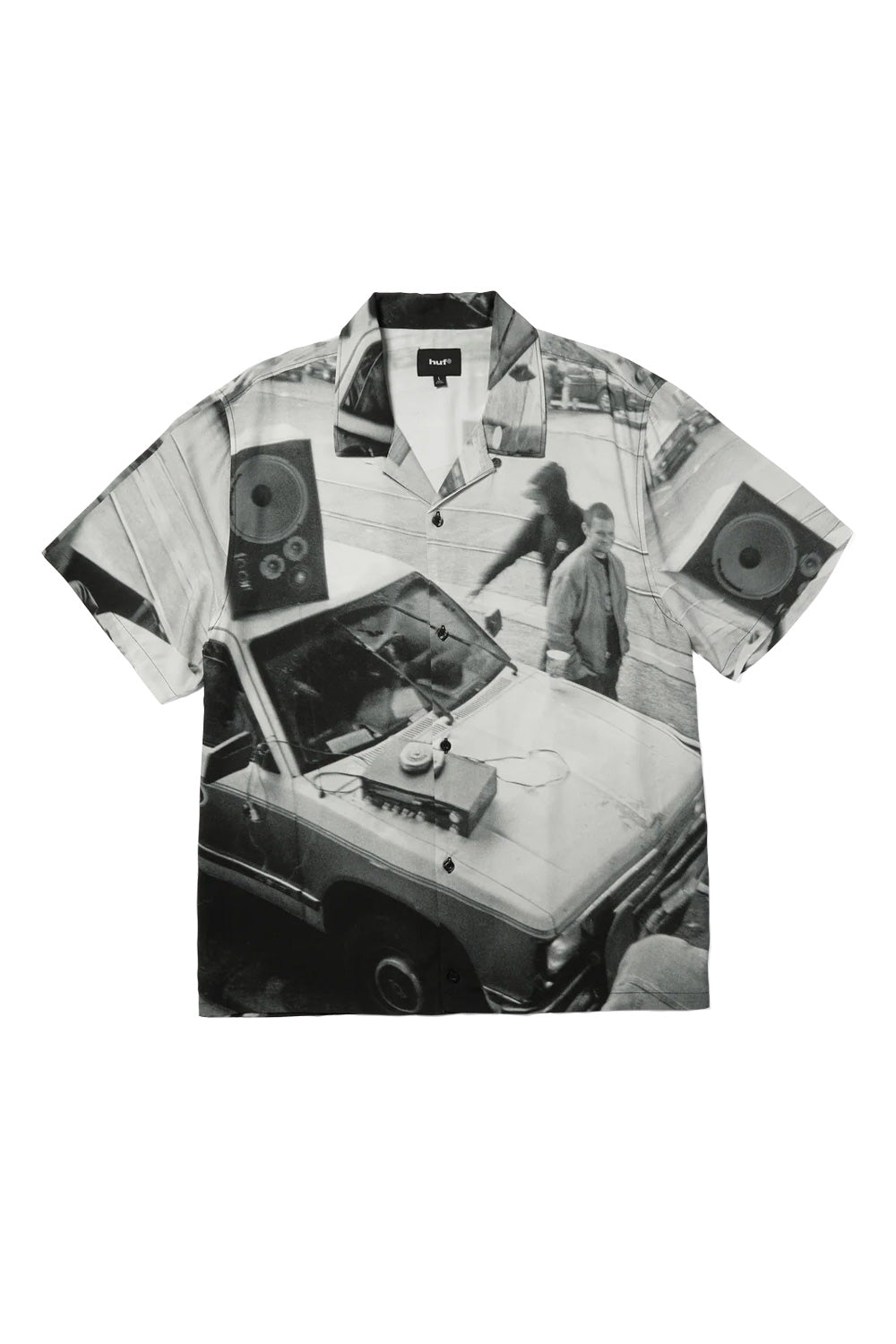 HUF x Dennis McGrath Burnside S/S Resort Shirt Black featuring an all-over vintage skate photography print, short sleeve camp collar design and premium rayon construction