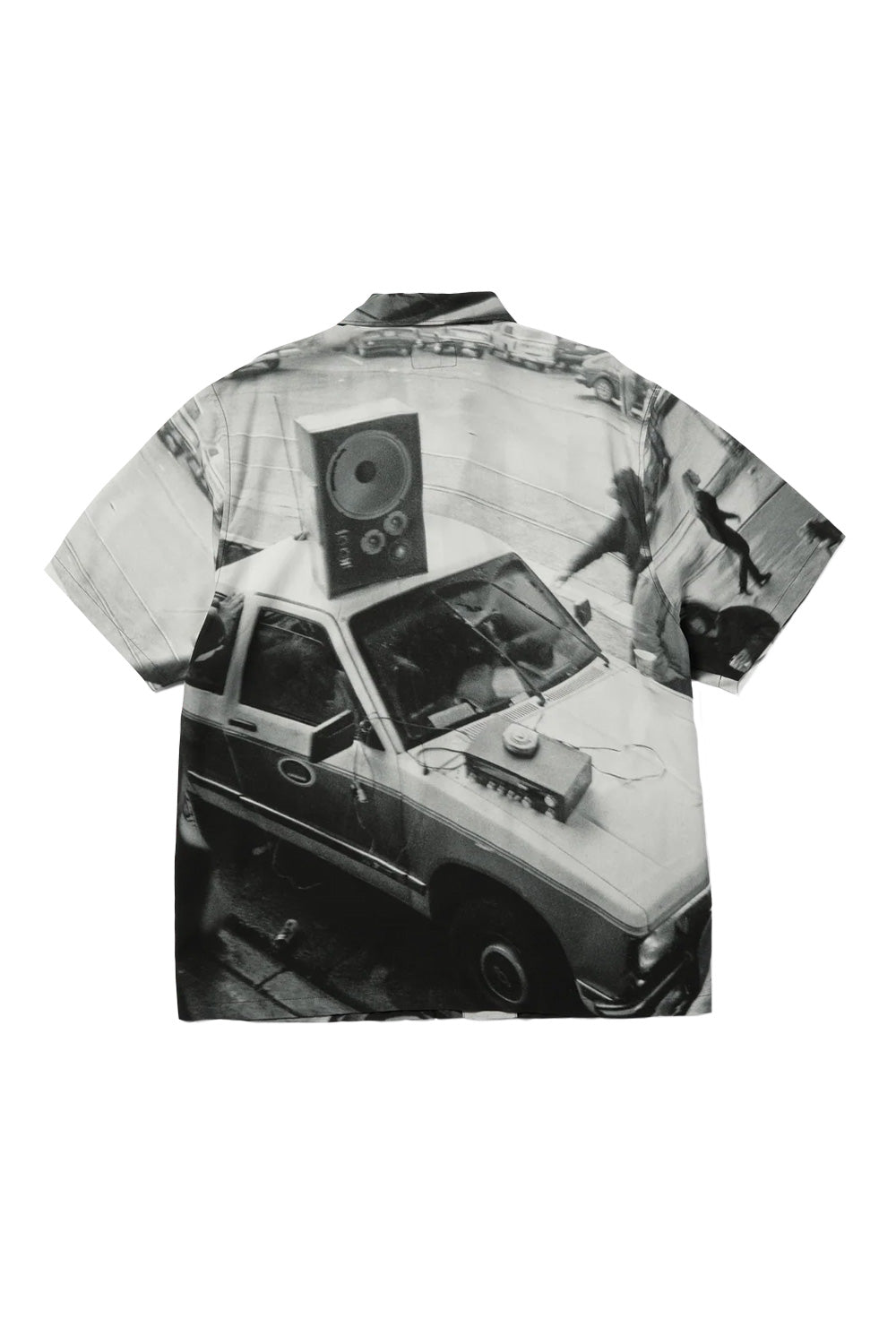Back view of the HUF x Dennis McGrath Burnside S/S Resort Shirt Black featuring a full-panel photographic print inspired by 1990s skateboarding culture and urban street scenes