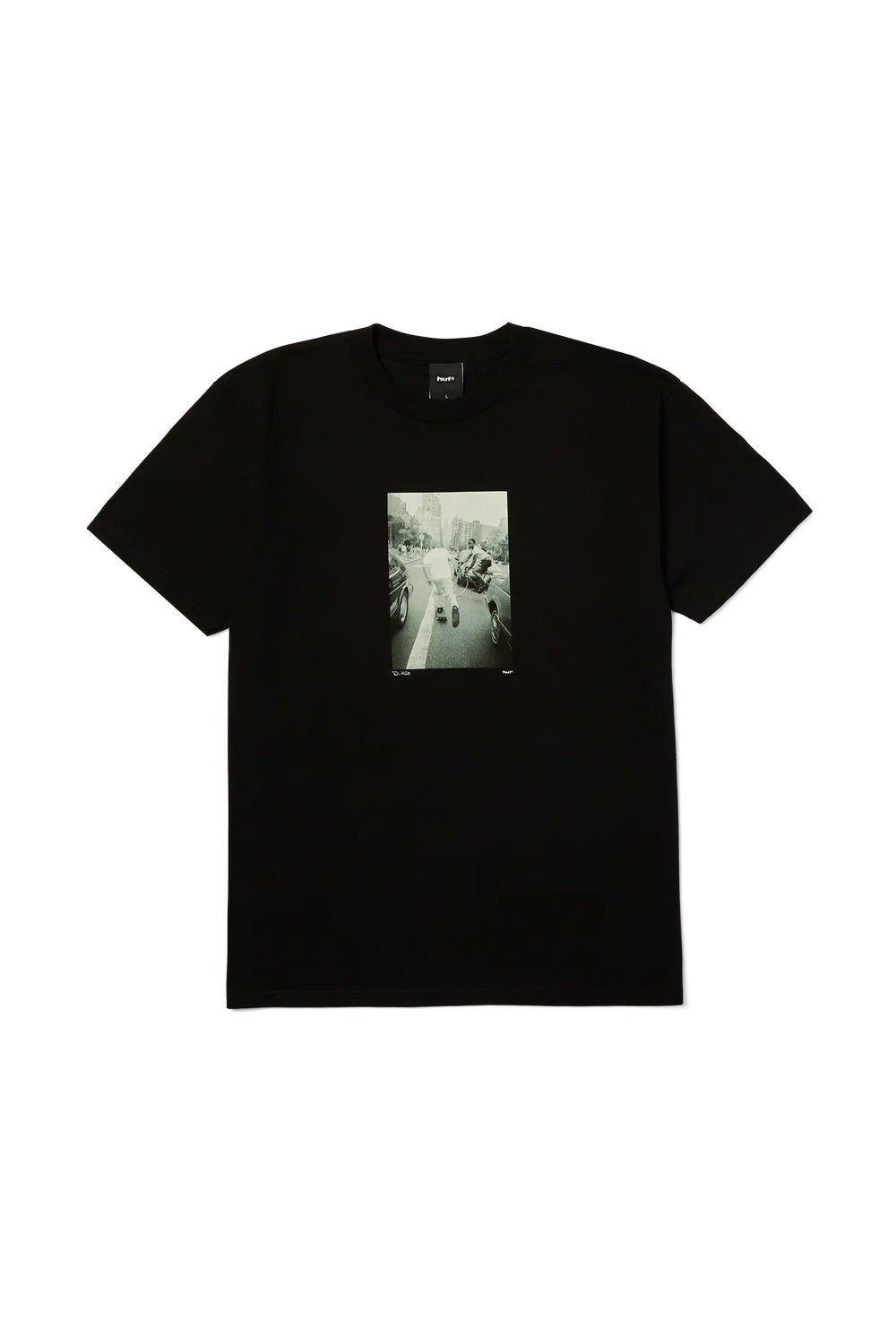 HUF x Dennis McGrath Fight The Traffic T-Shirt Black featuring an archival NYC skateboarding photograph on the chest, heavyweight 250gsm cotton construction and limited artist collaboration design