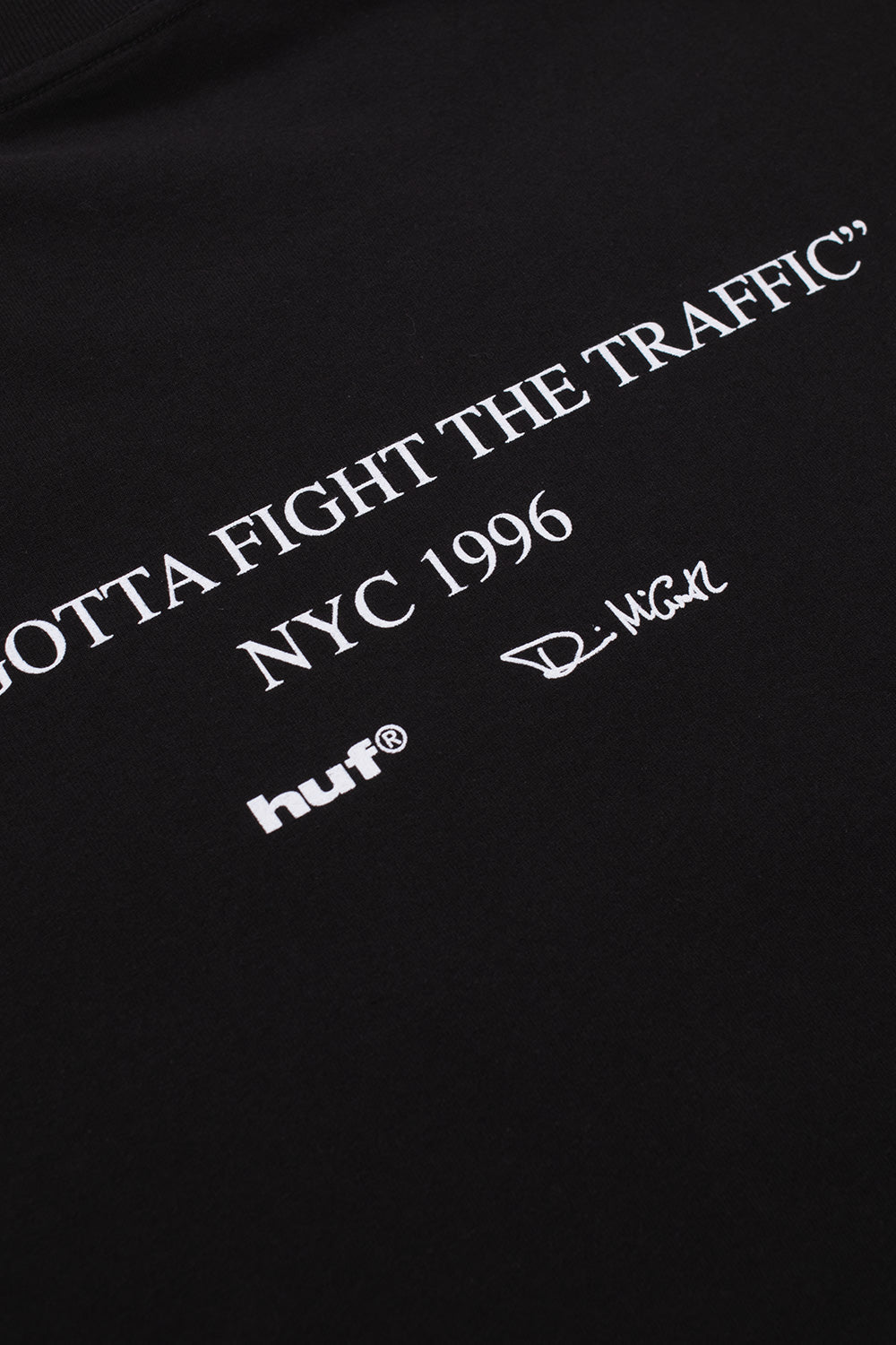 HUF x Dennis McGrath graphic T-shirt detail featuring archival skate quote print, premium screen-printed artwork and exclusive capsule collection design