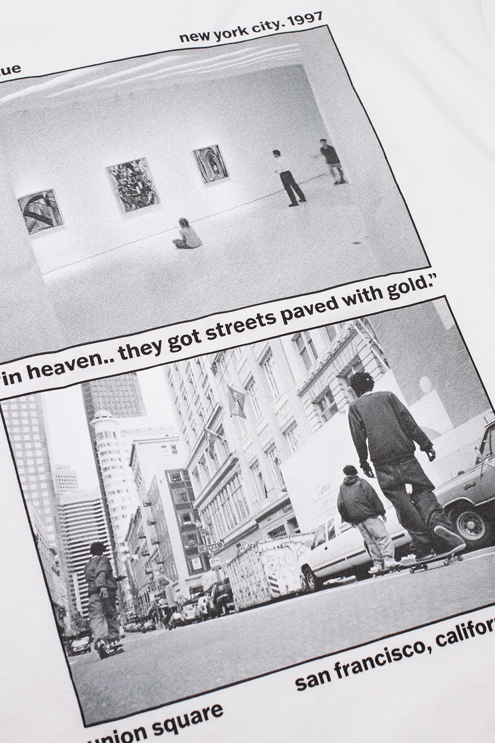 Close-up of the HUF x Dennis McGrath Paved With Gold back print featuring archival skateboarding photography, New York City references and iconic street culture visuals