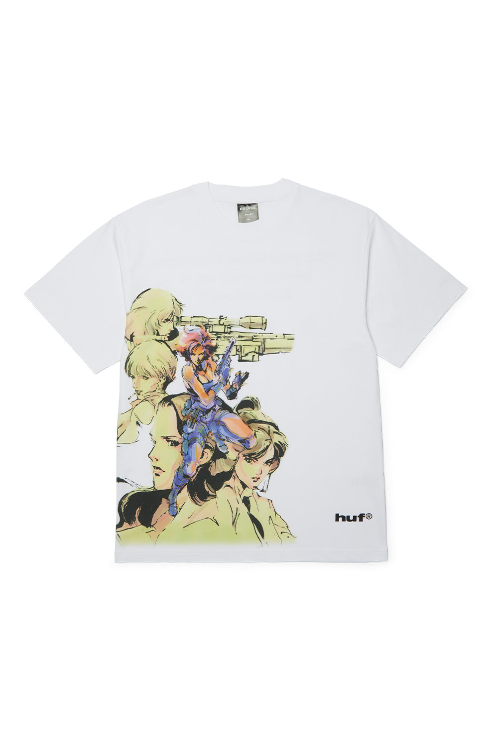 HUF x Metal Gear Solid Battlefield T-Shirt White with archival Yoji Shinkawa inspired anime artwork, limited collaboration graphic tee made from 250gsm cotton