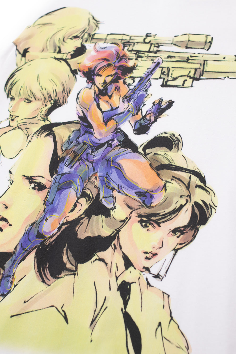 Close-up of front battlefield illustration on HUF x Metal Gear Solid tee featuring tactical soldier artwork from classic stealth-action game series