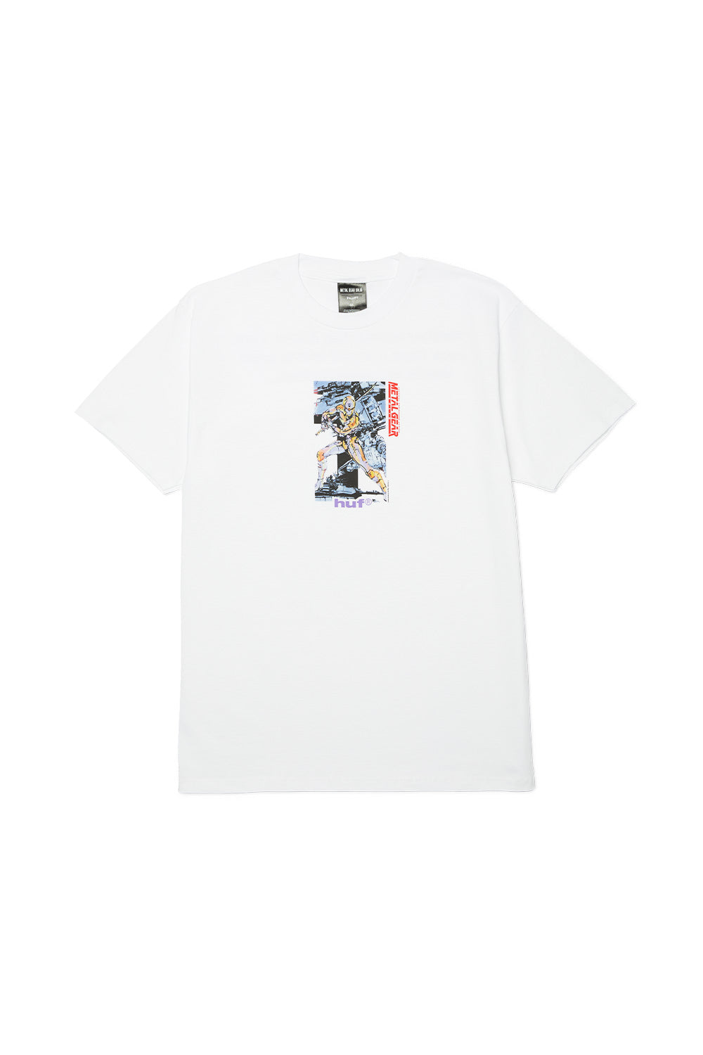 HUF x Metal Gear Solid Gray Fox T-Shirt White featuring archival Yoji Shinkawa artwork, white graphic tee with ninja cyborg character print, limited edition gaming streetwear collaboration, 200gsm cotton