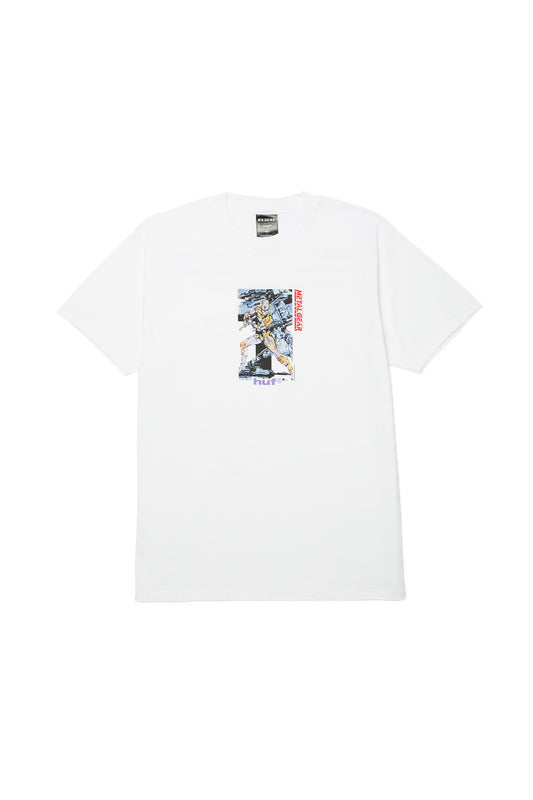 HUF x Metal Gear Solid Gray Fox T-Shirt White featuring archival Yoji Shinkawa artwork, white graphic tee with ninja cyborg character print, limited edition gaming streetwear collaboration, 200gsm cotton
