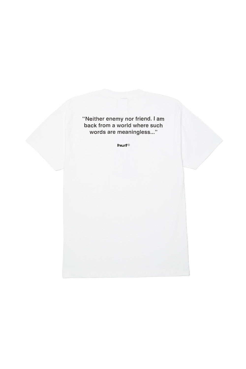Back view of HUF x Metal Gear Solid Gray Fox white T-shirt with quote print, heavyweight cotton short sleeve tee, licensed Metal Gear Solid apparel, HUF collaboration streetwear