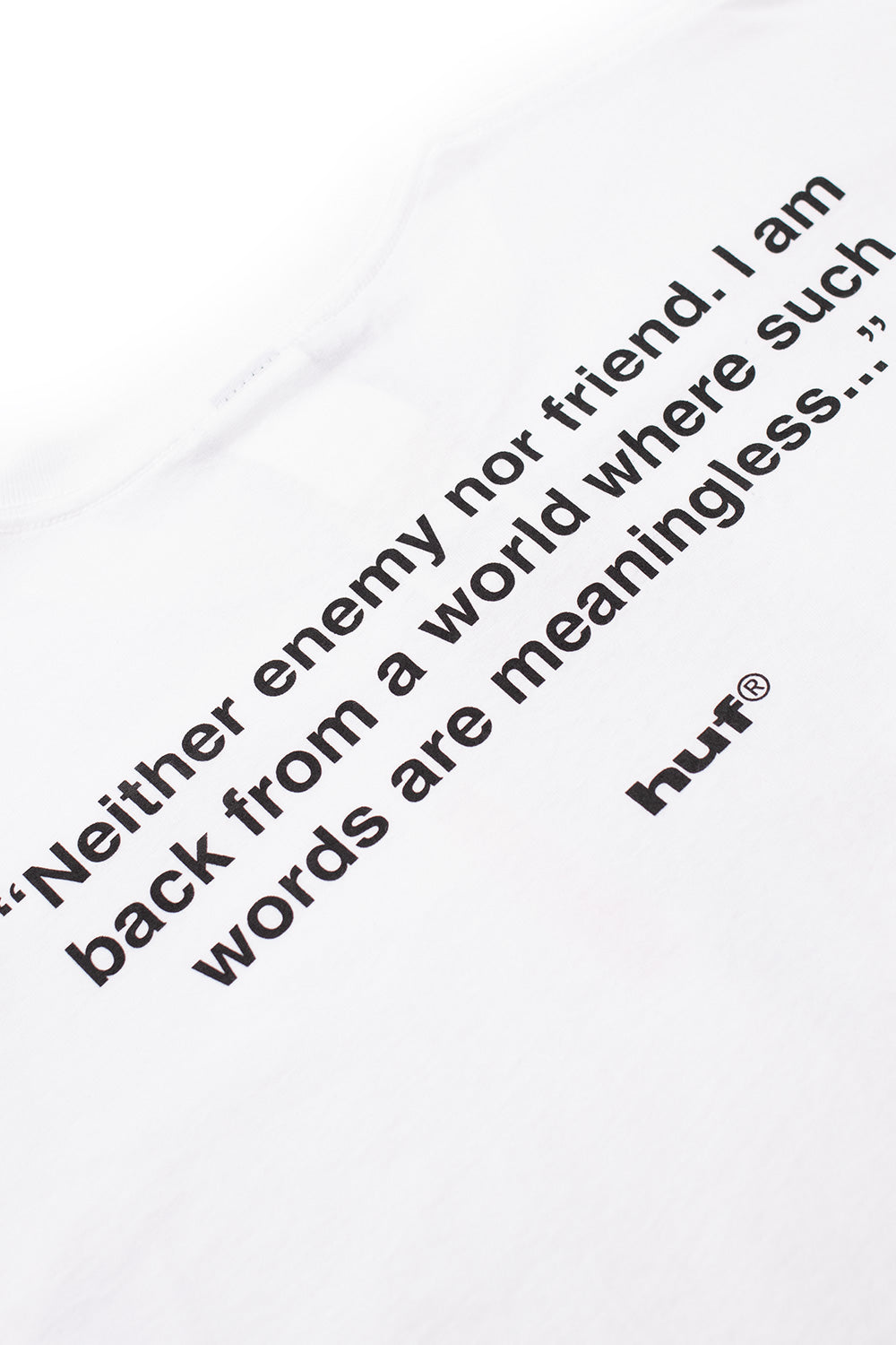 Detail shot of back text and HUF branding on Metal Gear Solid Gray Fox T-shirt White, printed quote graphic, 100 percent cotton, made in Mexico, limited Legacy Collection