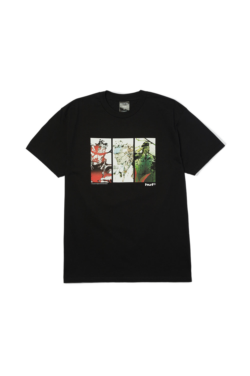 HUF x Metal Gear Solid Legacy T-Shirt Black featuring triple character panel graphic inspired by Yoji Shinkawa artwork, 200gsm cotton streetwear tee from the HUF x MGS collaboration