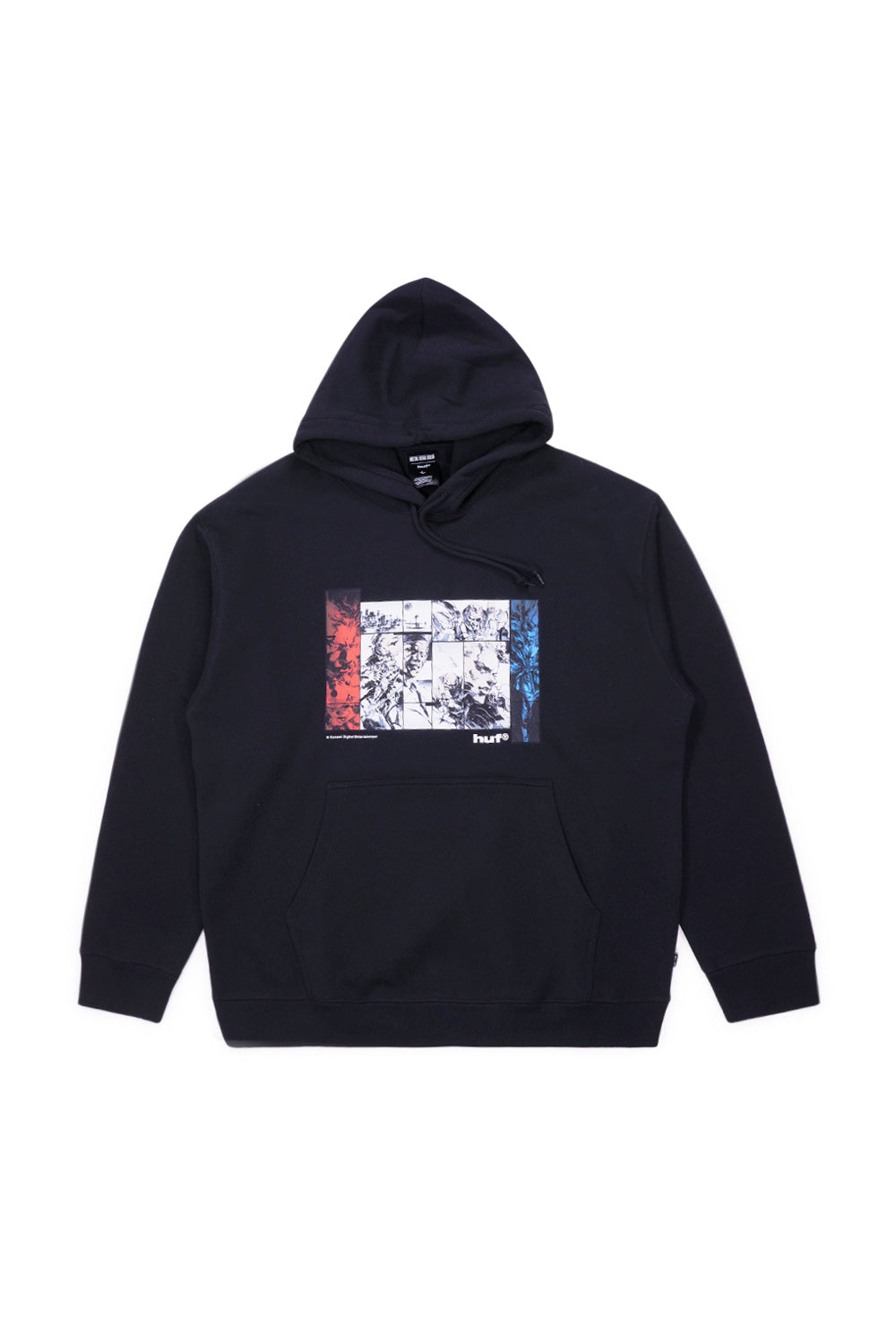 HUF x Metal Gear Solid Liberty pullover hoodie in black featuring Yoji Shinkawa inspired collage artwork on chest, 330gsm cotton blend streetwear hoodie from the Legacy Collection