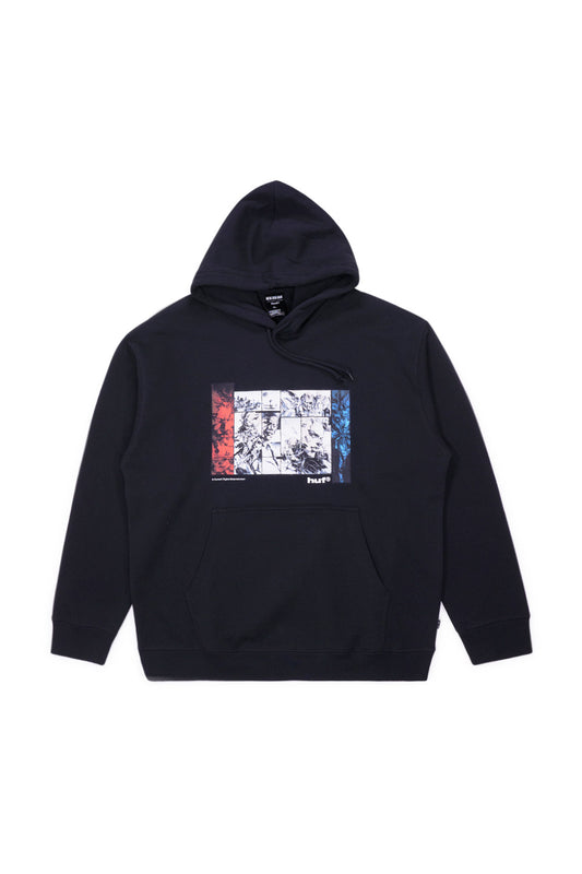 HUF x Metal Gear Solid Liberty pullover hoodie in black featuring Yoji Shinkawa inspired collage artwork on chest, 330gsm cotton blend streetwear hoodie from the Legacy Collection