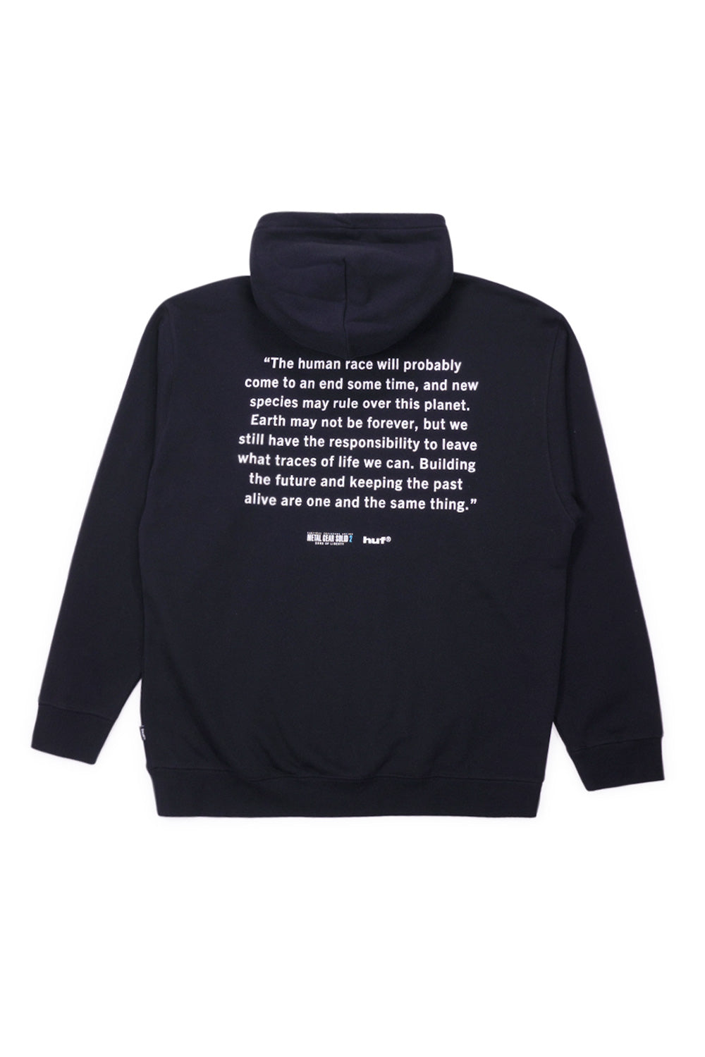 Black HUF x Metal Gear Solid hoodie with large front graphic panel, tactical espionage action artwork, premium 80 cotton 20 polyester fabric and relaxed streetwear fit