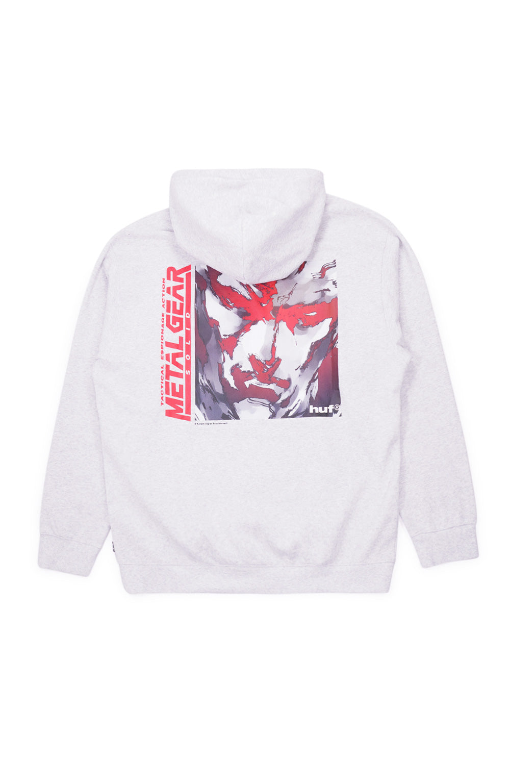 HUF x Metal Gear Solid MGS1 pullover hoodie in heather grey with front Tactical Espionage Action logo and back Solid Snake artwork, heavyweight streetwear hoodie
