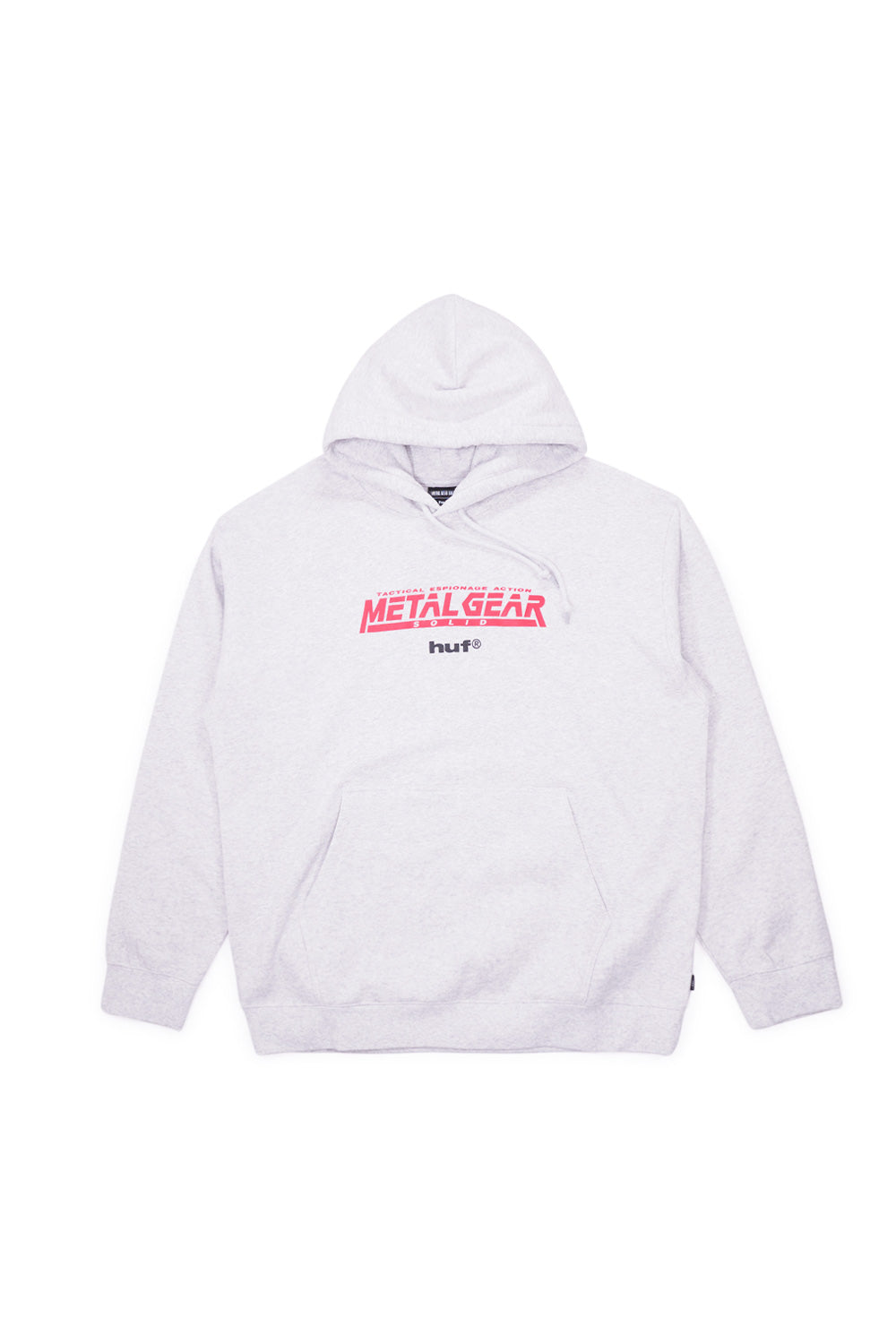 Heather grey HUF x Metal Gear Solid hoodie featuring MGS1 graphic print on back, archival Yoji Shinkawa style illustration and classic chest logo