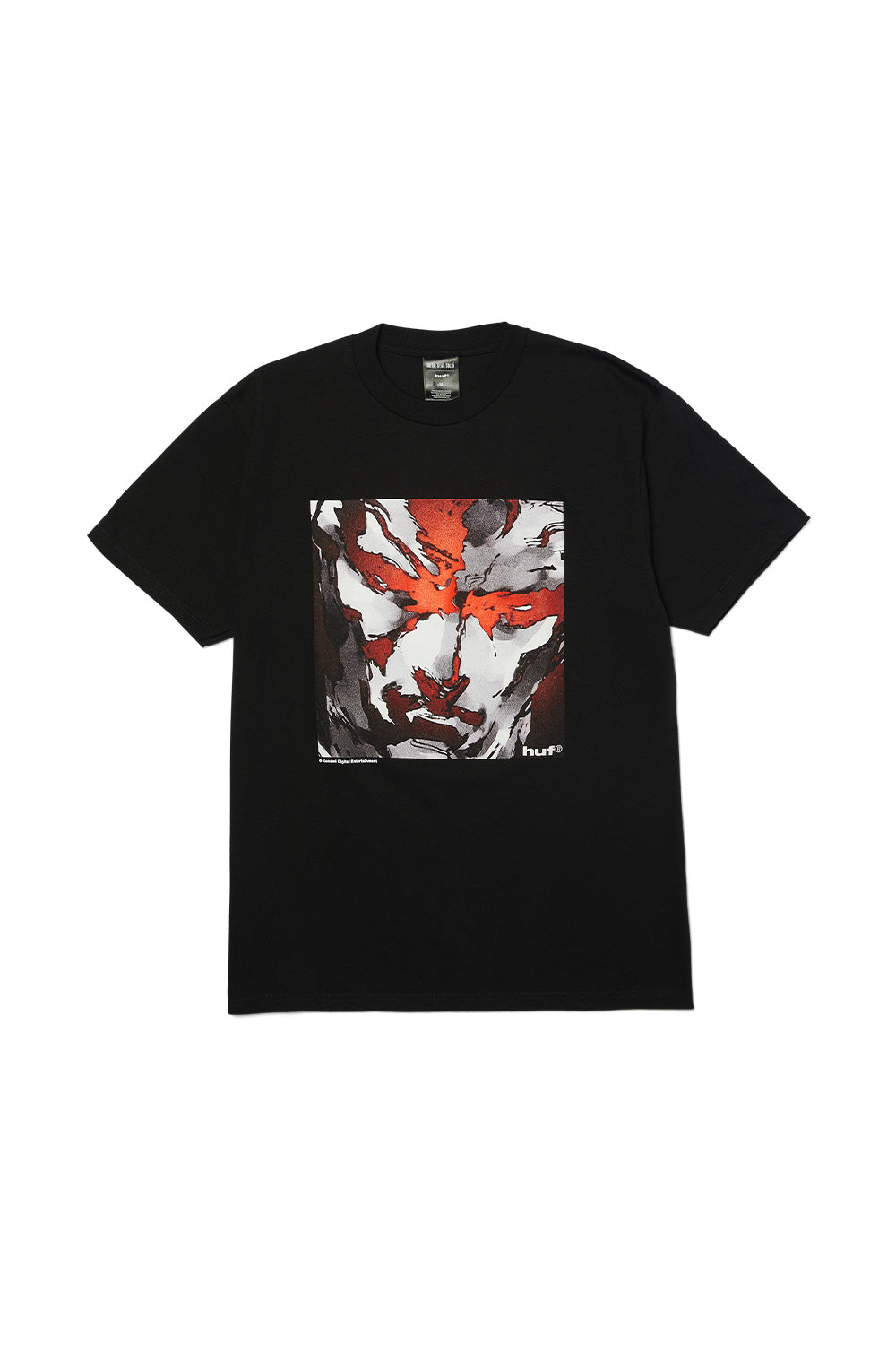 HUF x Metal Gear Solid MGS1 T-Shirt Black with Solid Snake archival artwork, featuring Yoji Shinkawa style front graphic, 250gsm cotton fabric, limited streetwear collaboration, made in Mexico