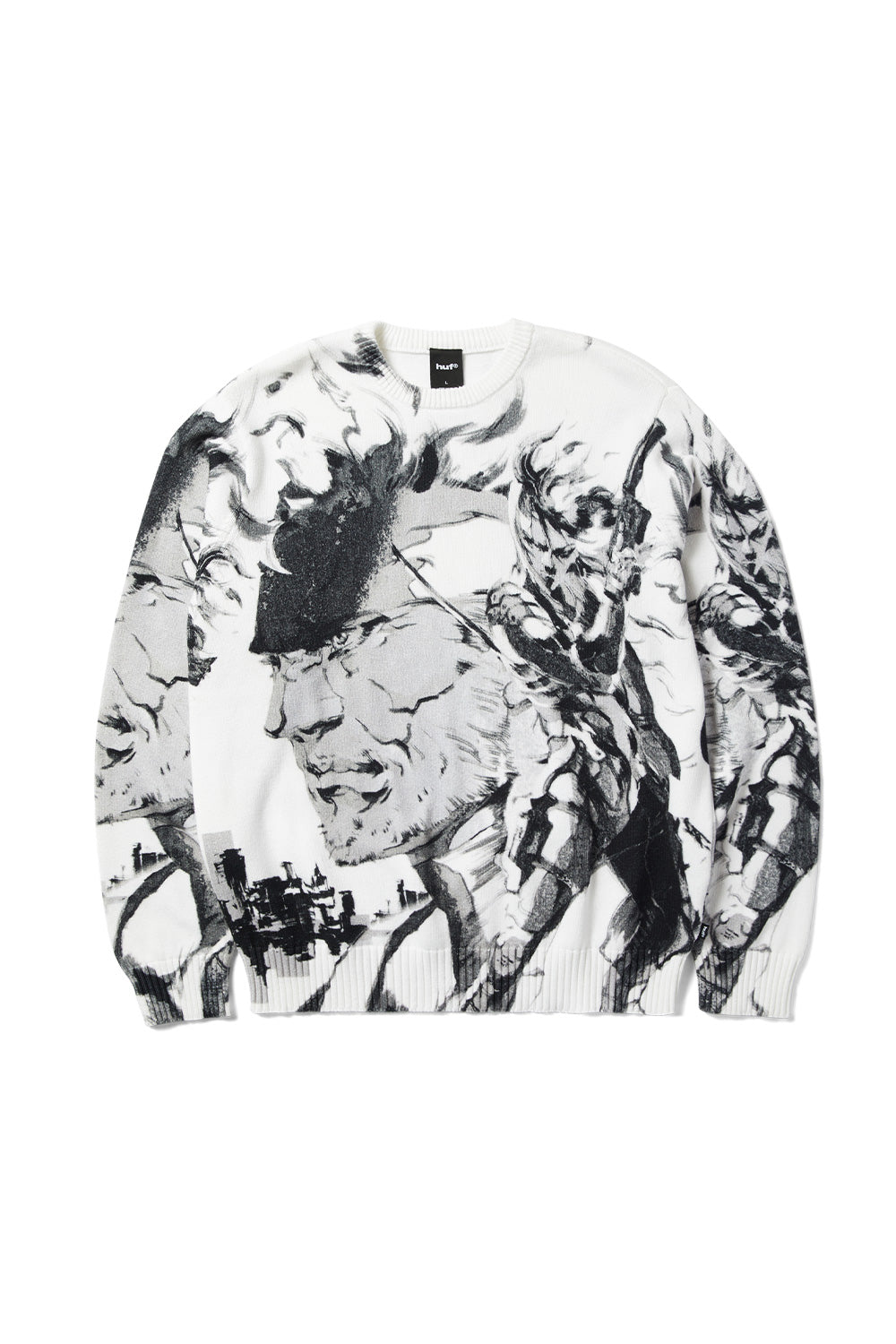 HUF x Metal Gear Solid MGS2 crewneck sweater white featuring full-print Solid Snake artwork inspired by Yoji Shinkawa, premium cotton streetwear from the Legacy Collection