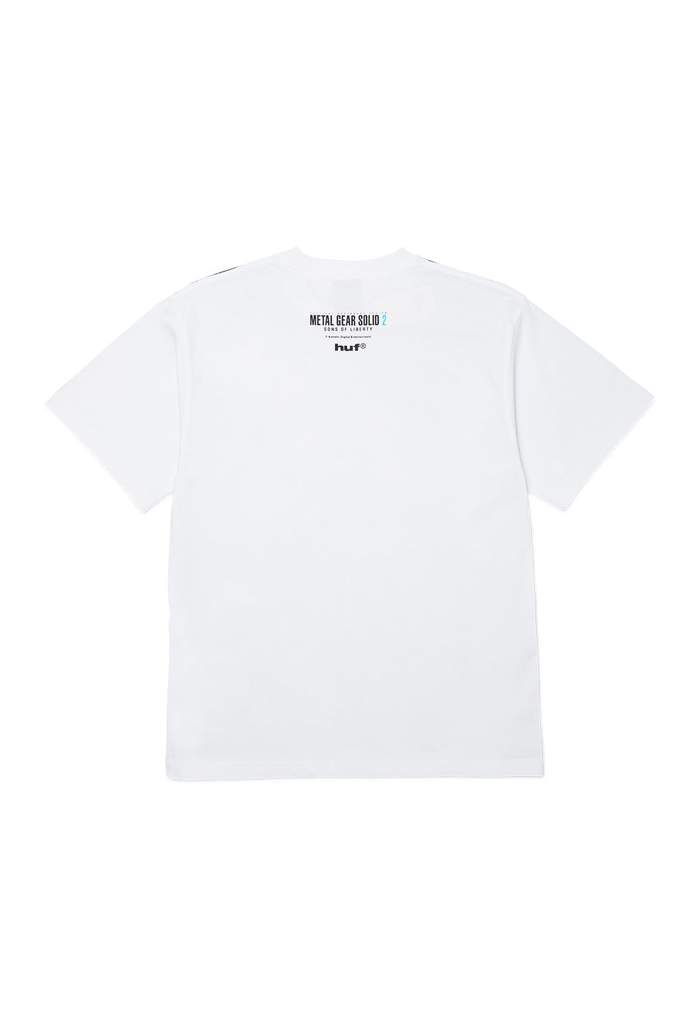 White HUF Metal Gear Solid Tanker graphic t-shirt showcasing full front battle scene print, heavyweight cotton construction, licensed video game streetwear tee from HUF x Metal Gear Solid Legacy Collection