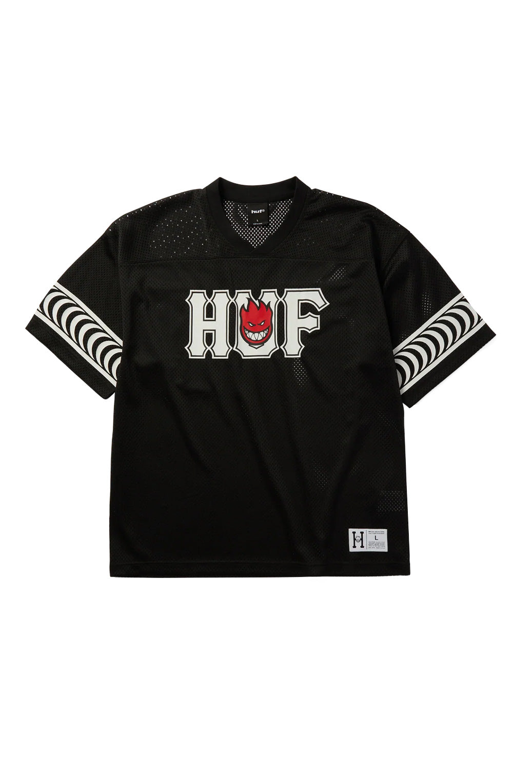 Front view of the black HUF X Spitfire End Zone Jersey, constructed from breathable 215gsm polyester mesh in a boxy athletic football cut, featuring a ribbed V-neck collar, drop shoulders, white screen-printed collegiate HUF lettering with an integrated red Spitfire Bighead flame logo on the chest, white Spitfire Classic Swirl stripes printed around the sleeves, and a collaborative jock tag sewn near the bottom hem.