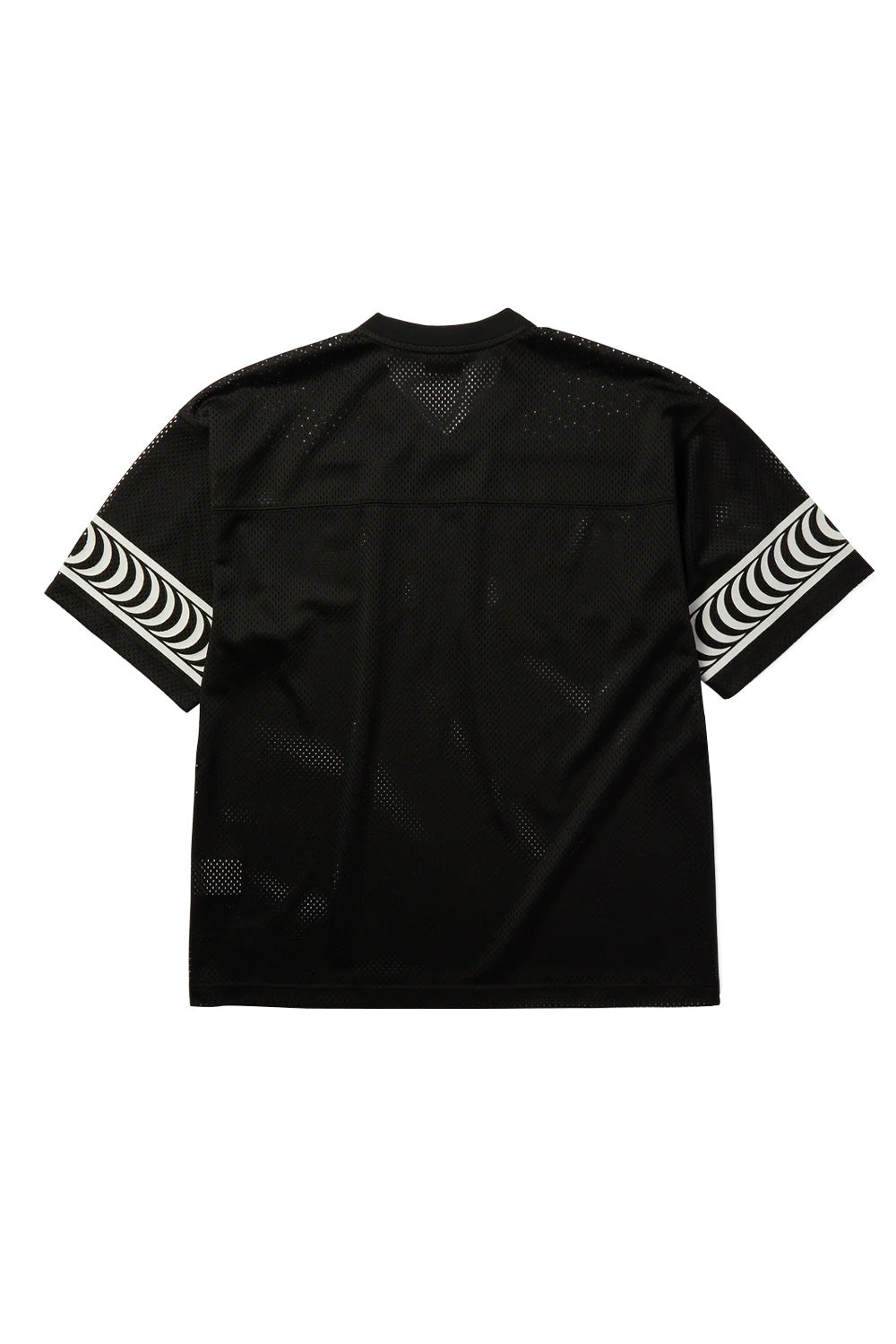 Back view of the black HUF X Spitfire End Zone mesh jersey, showcasing the wide horizontal athletic shoulder yoke seam, perforated polyester knit construction, clean unprinted back panel, and repeating white Spitfire swirl graphics wrapping around both sleeve bands.