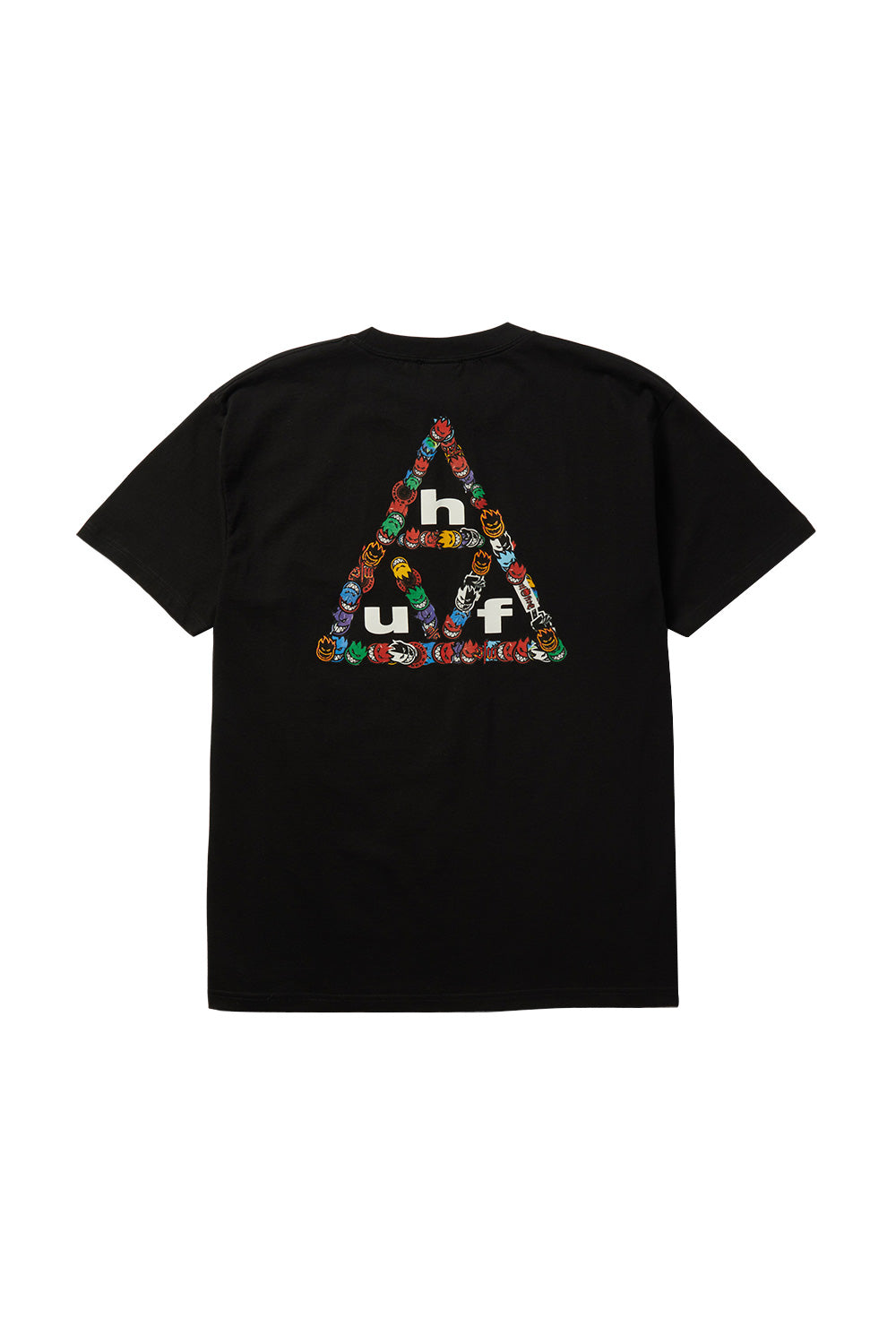 Back view of the black HUF X Spitfire Sticker T-Shirt, crafted from heavy 200 grams cotton fabric, showcasing a large HUF Triple Triangle logo backprint filled with a collage of colorful Spitfire Bighead sticker graphics.