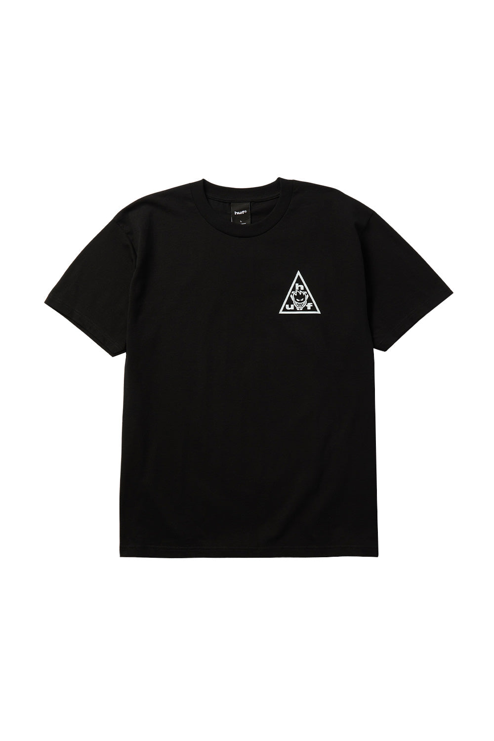 Front view of the black 100% cotton HUF X Spitfire Sticker T-Shirt, displaying a small white co-branded HUF Triple Triangle graphic with a Spitfire Bighead flame logo printed on the left chest.