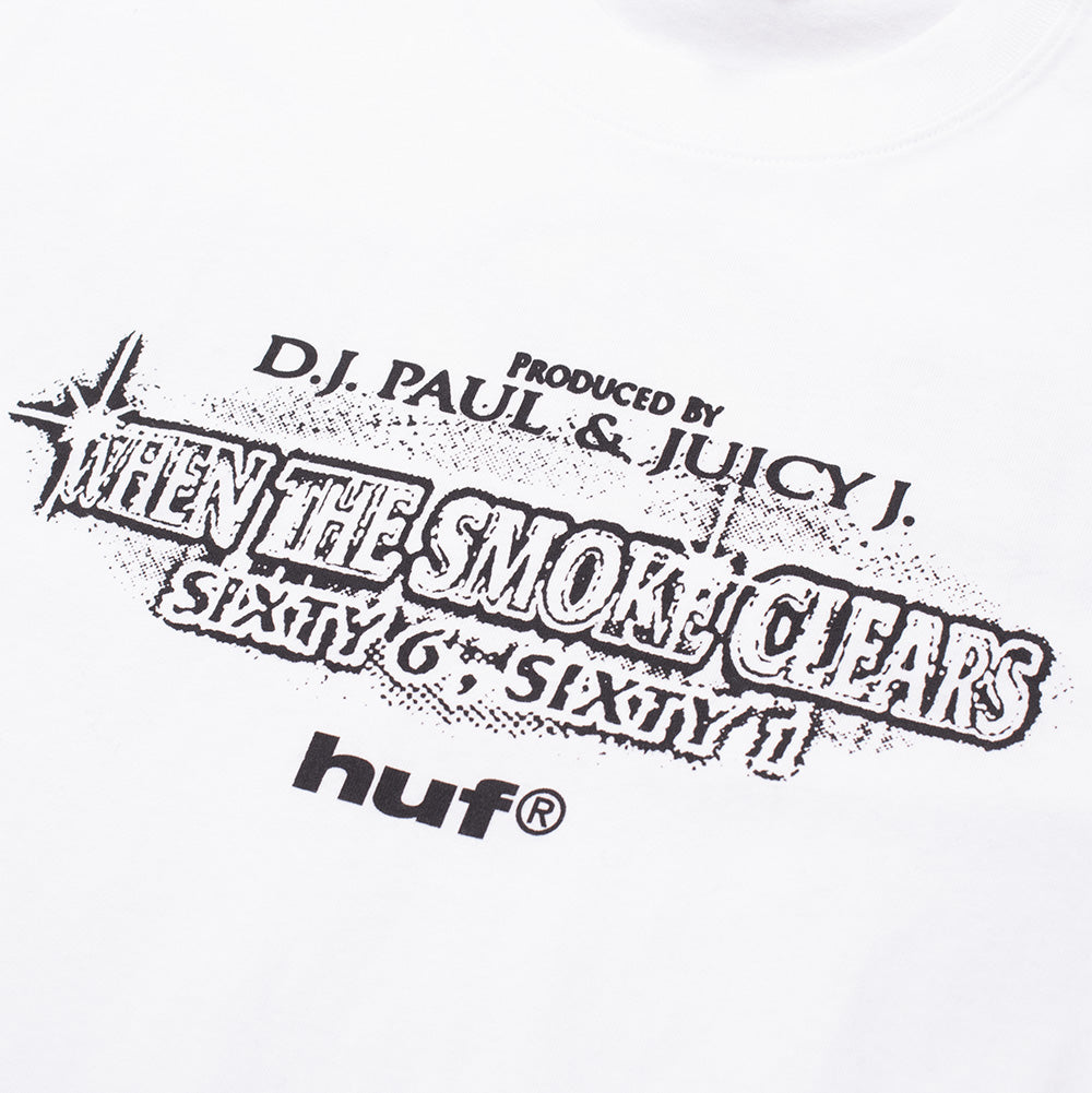 Detailed macro close-up of the front chest graphic on the Huf X Three 6 Mafia Smoke Clears T-Shirt, highlighting the textured black screen-printed album typography paying homage to Memphis rap icons Juicy J and DJ Paul alongside the clean black "huf®" logo on white cotton jersey.