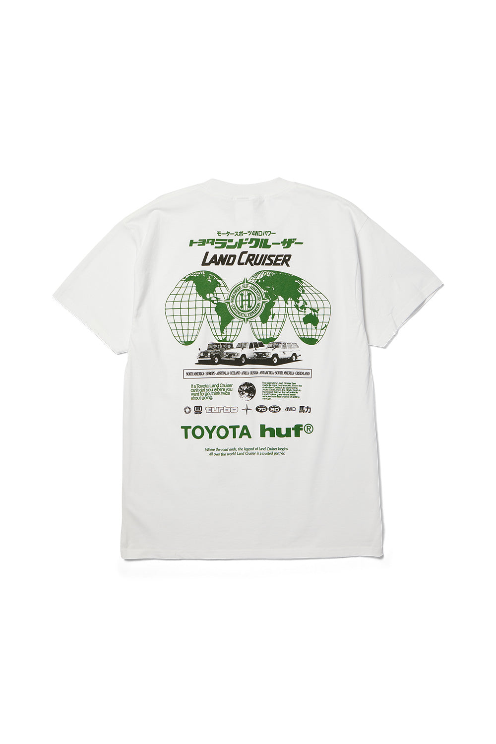 Back flat lay view of the white Huf X Toyota Land Cruiser Global SS T-Shirt in 200g cotton, showcasing an oversized retro 4x4 expedition back print featuring green wireframe globe hemispheres, Japanese katakana typography, three generations of vintage Toyota Land Cruisers, a continental travel checklist, technical badges, and bold green "TOYOTA huf®" branding.