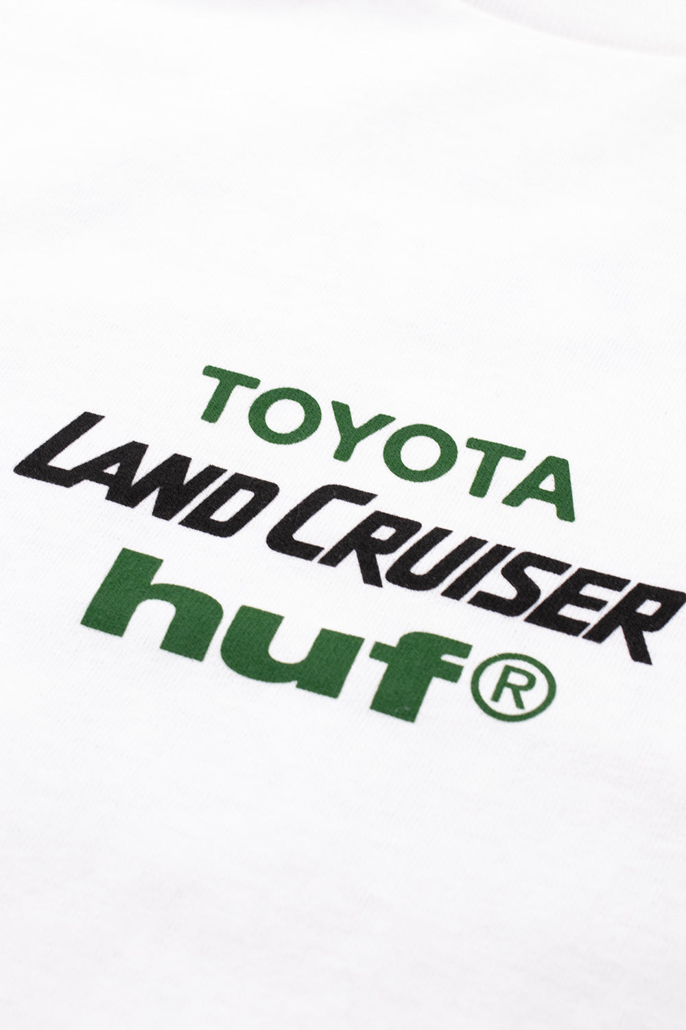 Macro studio close-up of the center front chest print on the Huf X Toyota Land Cruiser Global SS T-Shirt, displaying the crisp green "TOYOTA", italicized black "LAND CRUISER", and bold green lowercase "huf®" typography on the textured white cotton jersey fabric.