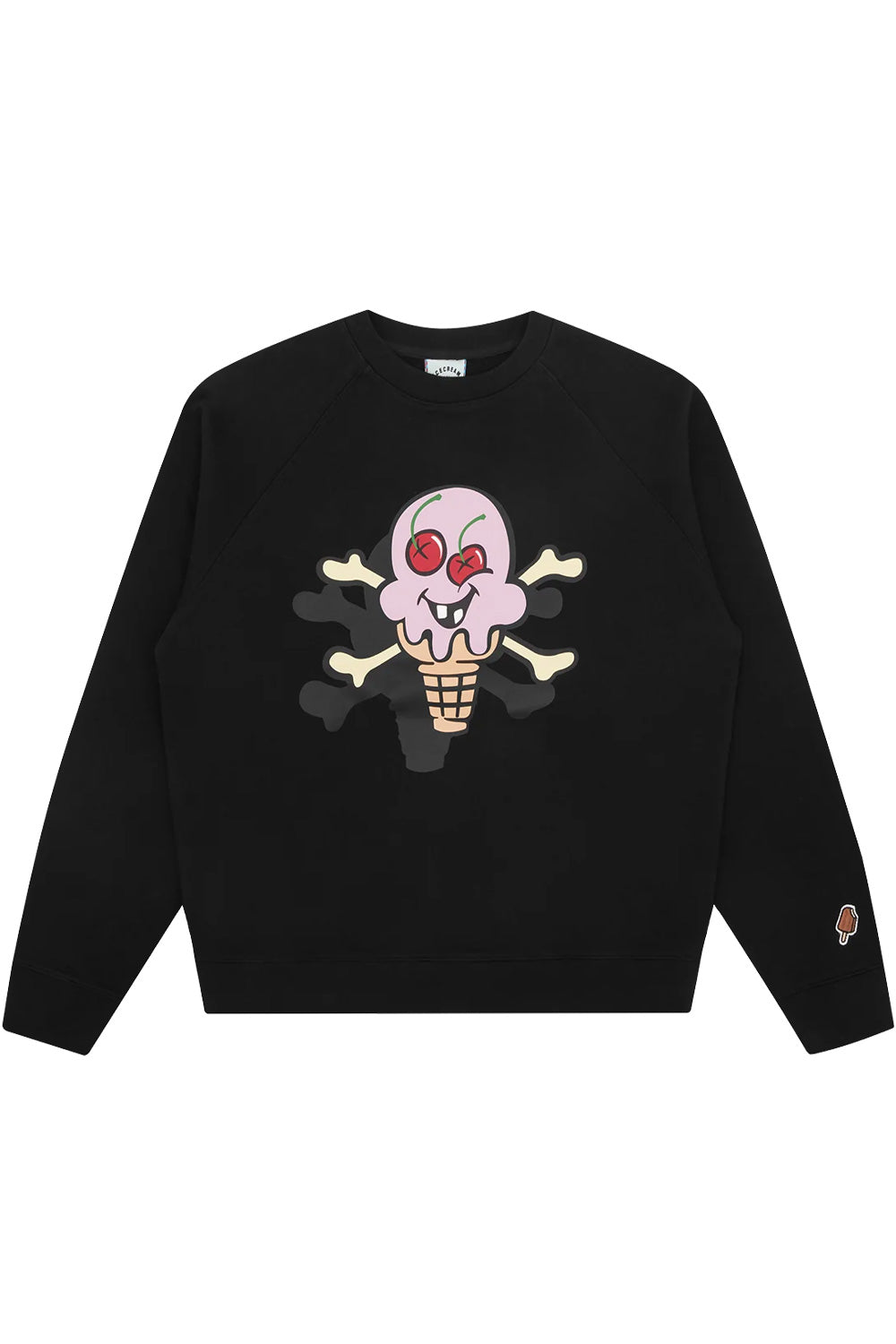 IceCream Cone & Bones Crewneck Black front view featuring bold pink ice-cream cone graphic with crossbones, premium mid-weight 100% cotton streetwear sweatshirt inspired by skate culture and IceCream by Pharrell Williams and Nigo.