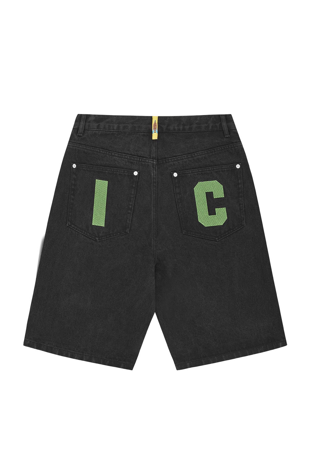 Trendy black denim shorts with vibrant green Running Dog design by Ice Cream