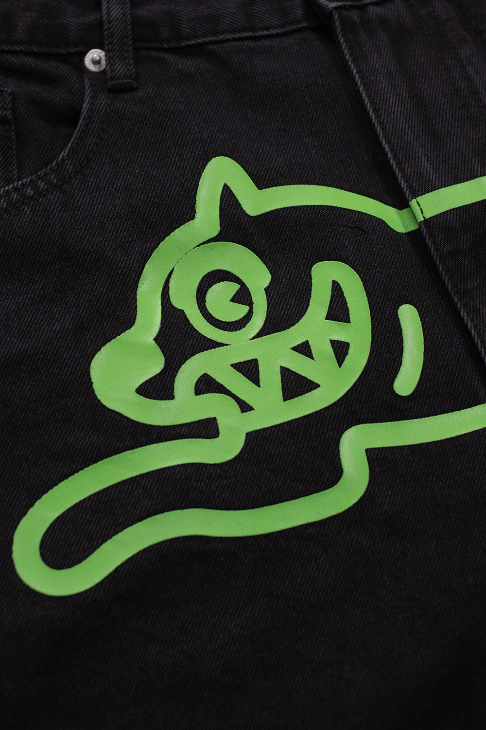 Ice Cream black denim shorts featuring bold green Running Dog logo print
