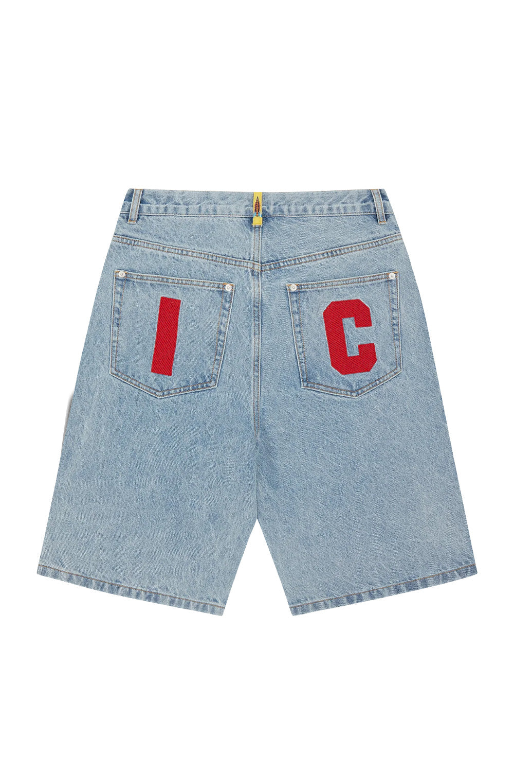 Trendy Ice Cream denim shorts with running dog design in bright red, light wash blue