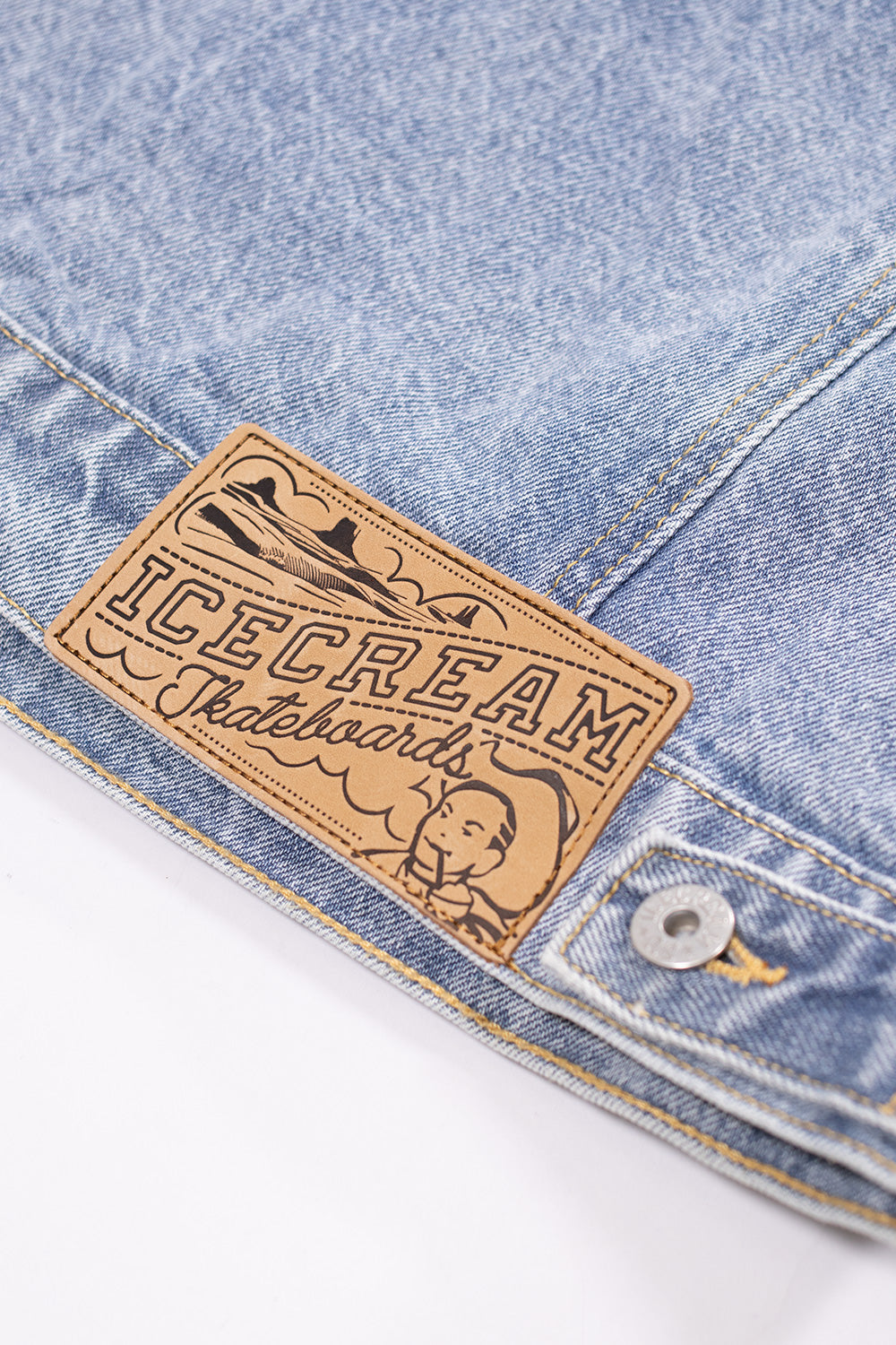 Ice Cream light wash denim jacket with red running dog graphic for urban fashion