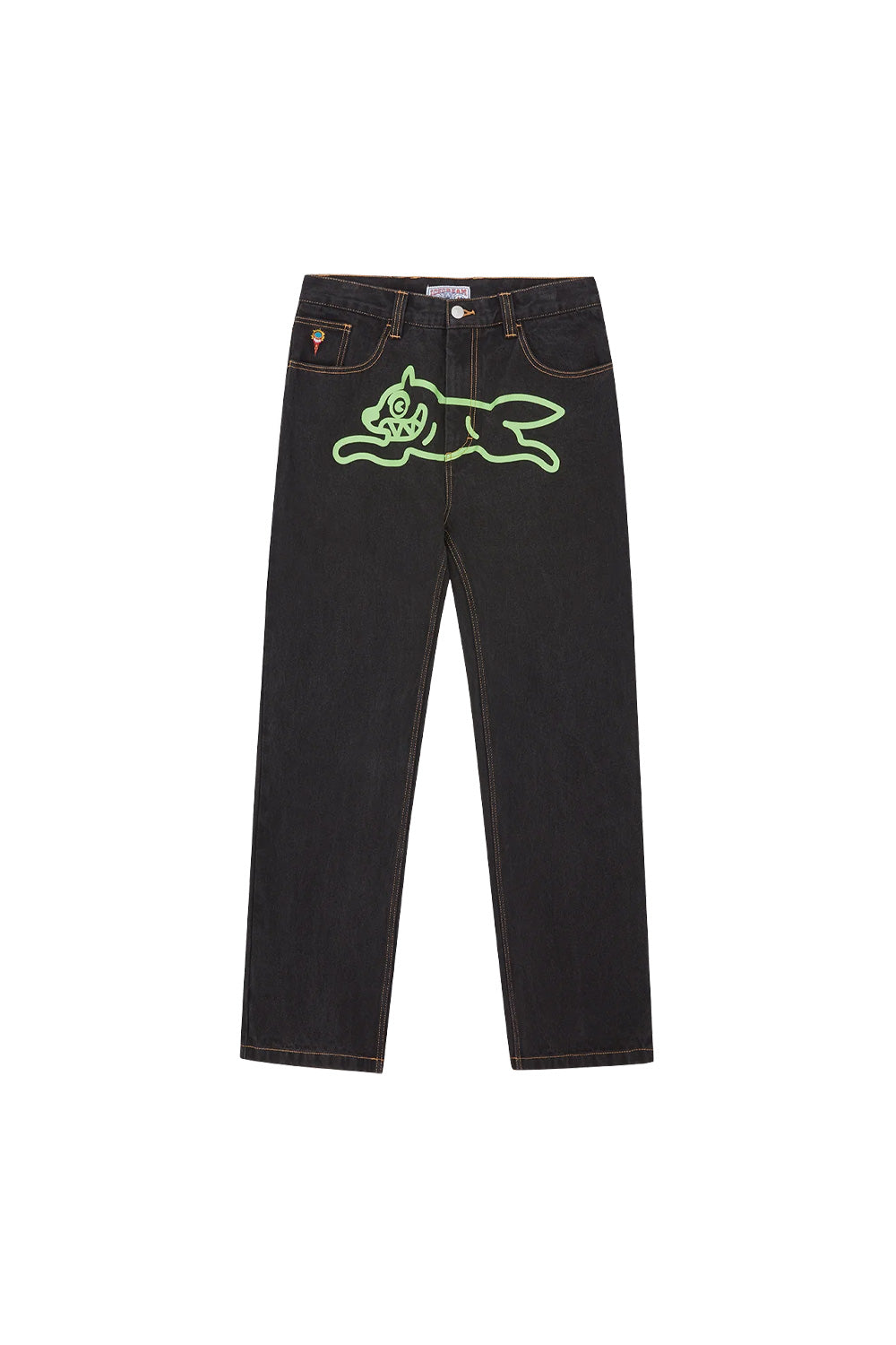 Ice Cream Running Dog Double Scoop Denim Pants in black with green graphic logo print