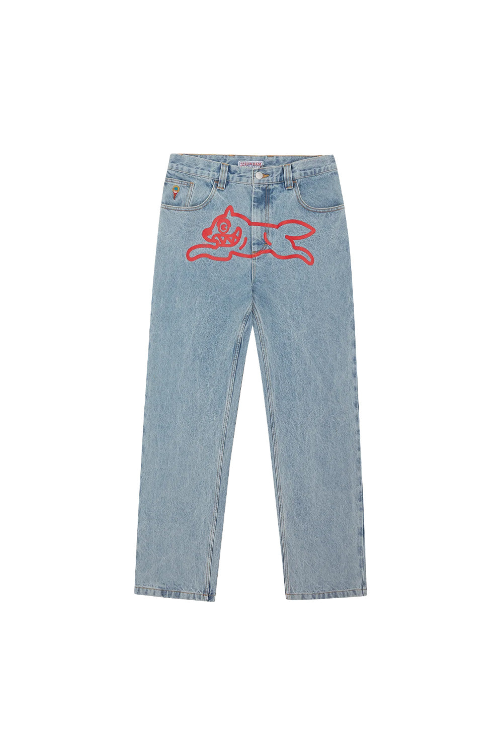 Ice Cream Running Dog Double Scoop Denim Pants in light wash blue with bold red print