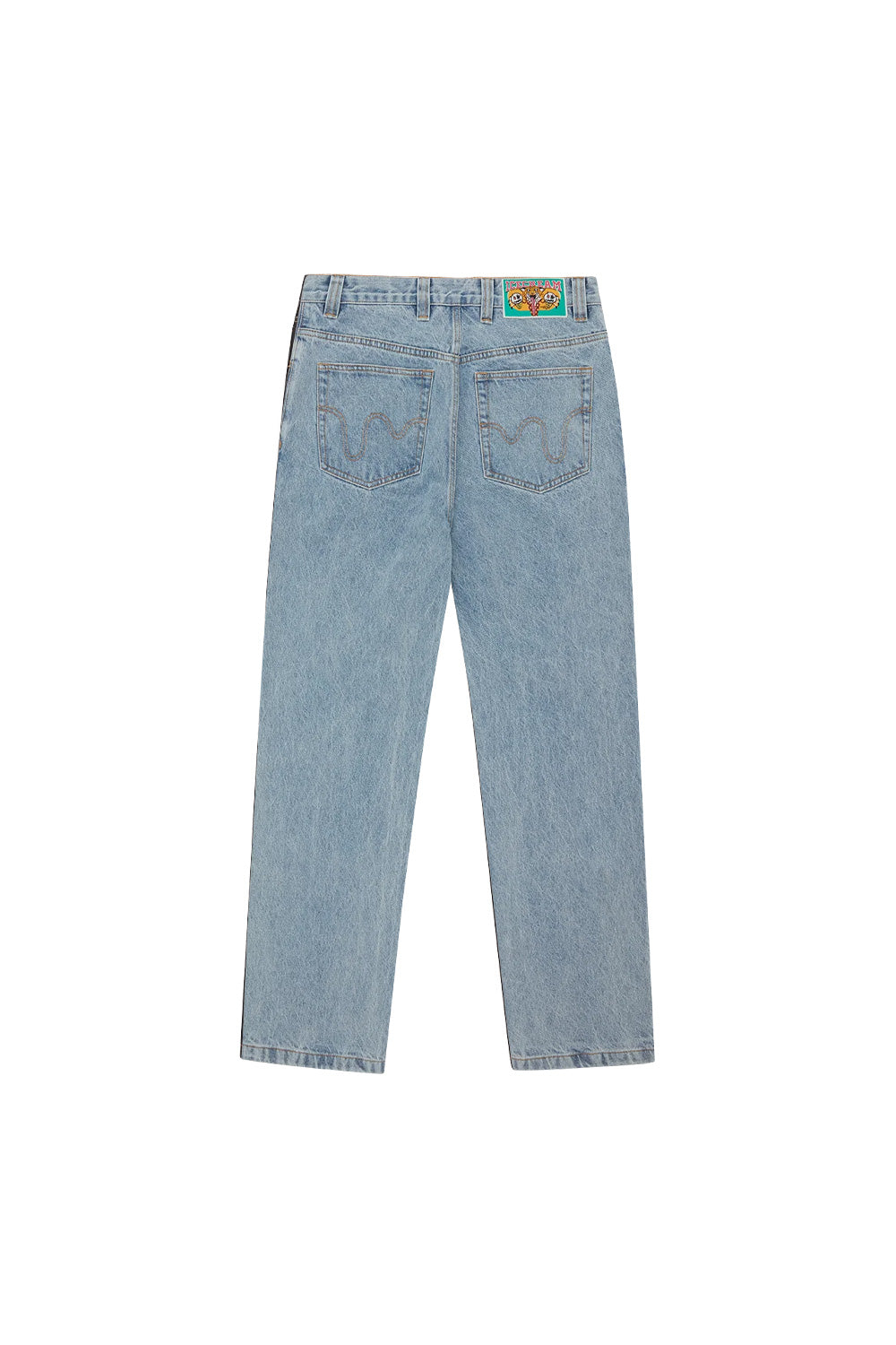 Stylish Ice Cream denim pants with double scoop design and red running dog print