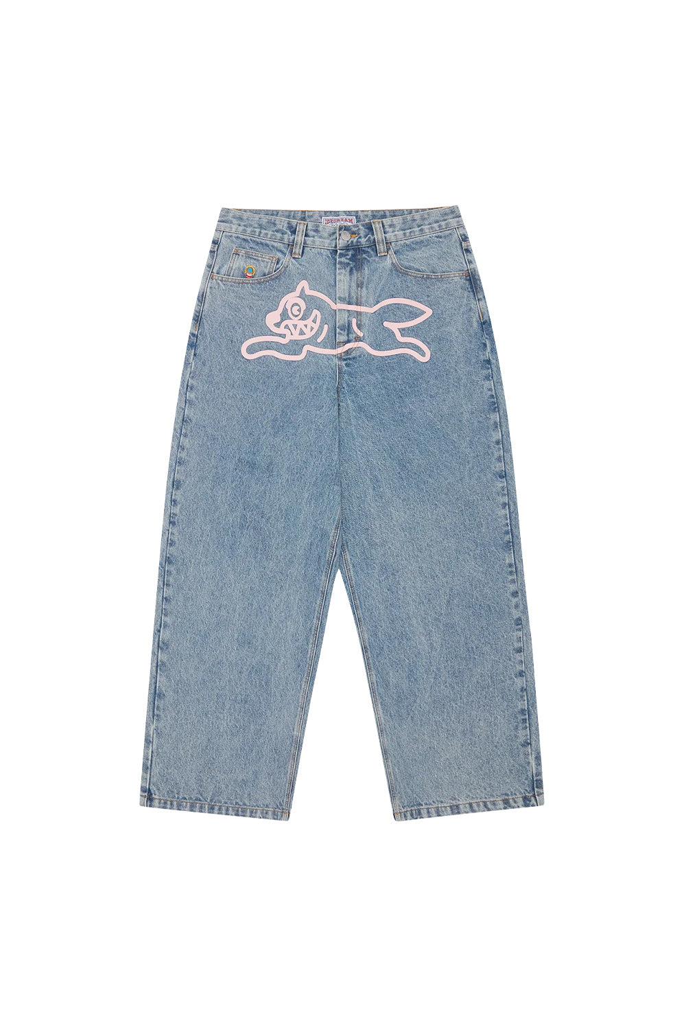 IceCream Running Dog Tripple Scoop Baggy Denim Pant Heavy Wash Blue (Pink Print) - BONKERS