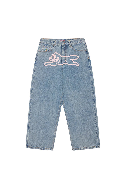 IceCream Running Dog Tripple Scoop Baggy Denim Pant Heavy Wash Blue (Pink Print) - BONKERS