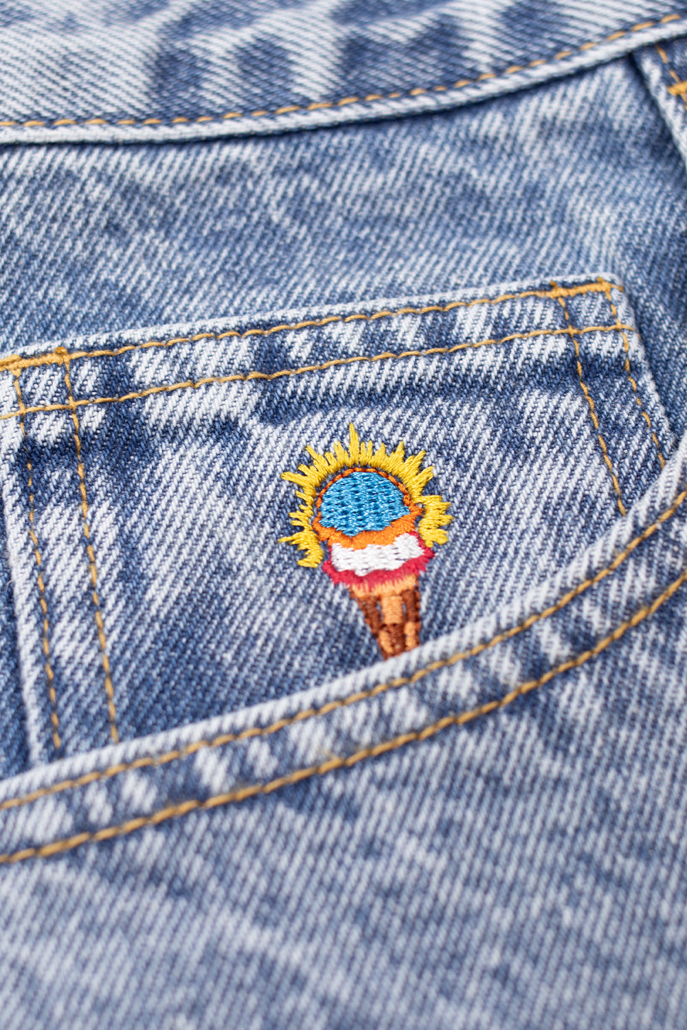 IceCream Running Dog Tripple Scoop Baggy Denim Pant Heavy Wash Blue (Pink Print) - BONKERS