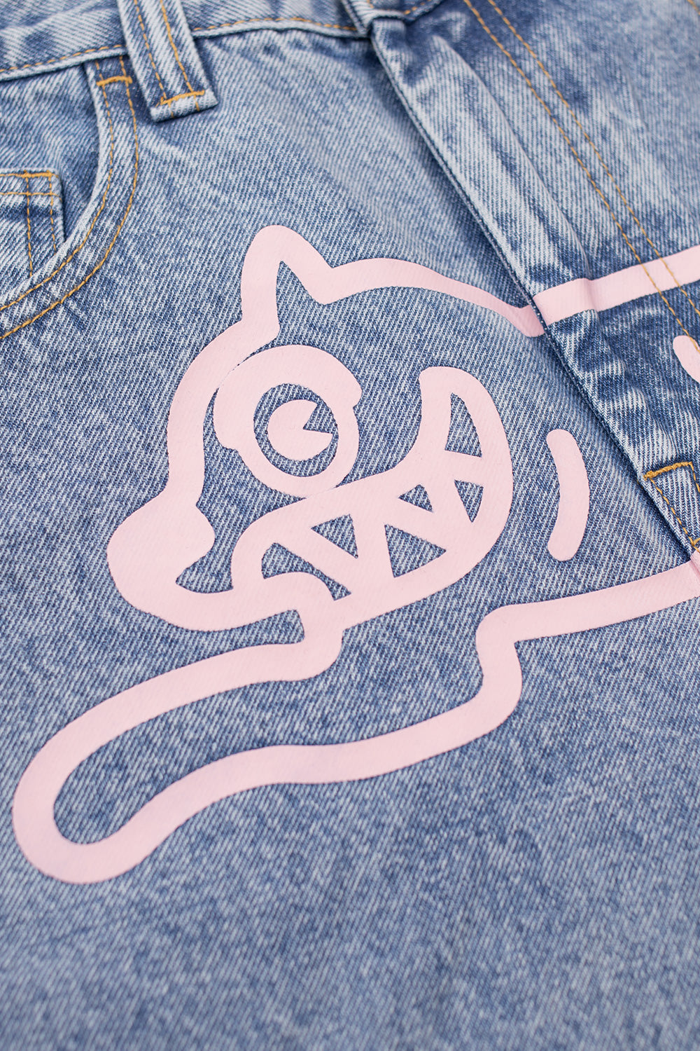 IceCream Running Dog Tripple Scoop Baggy Denim Pant Heavy Wash Blue (Pink Print) - BONKERS