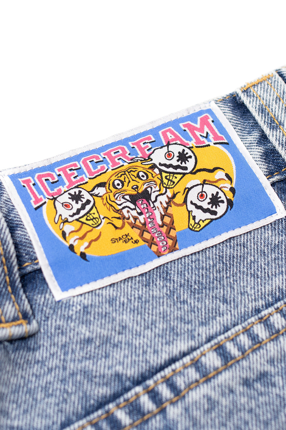 IceCream Running Dog Tripple Scoop Baggy Denim Pant Heavy Wash Blue (Pink Print) - BONKERS