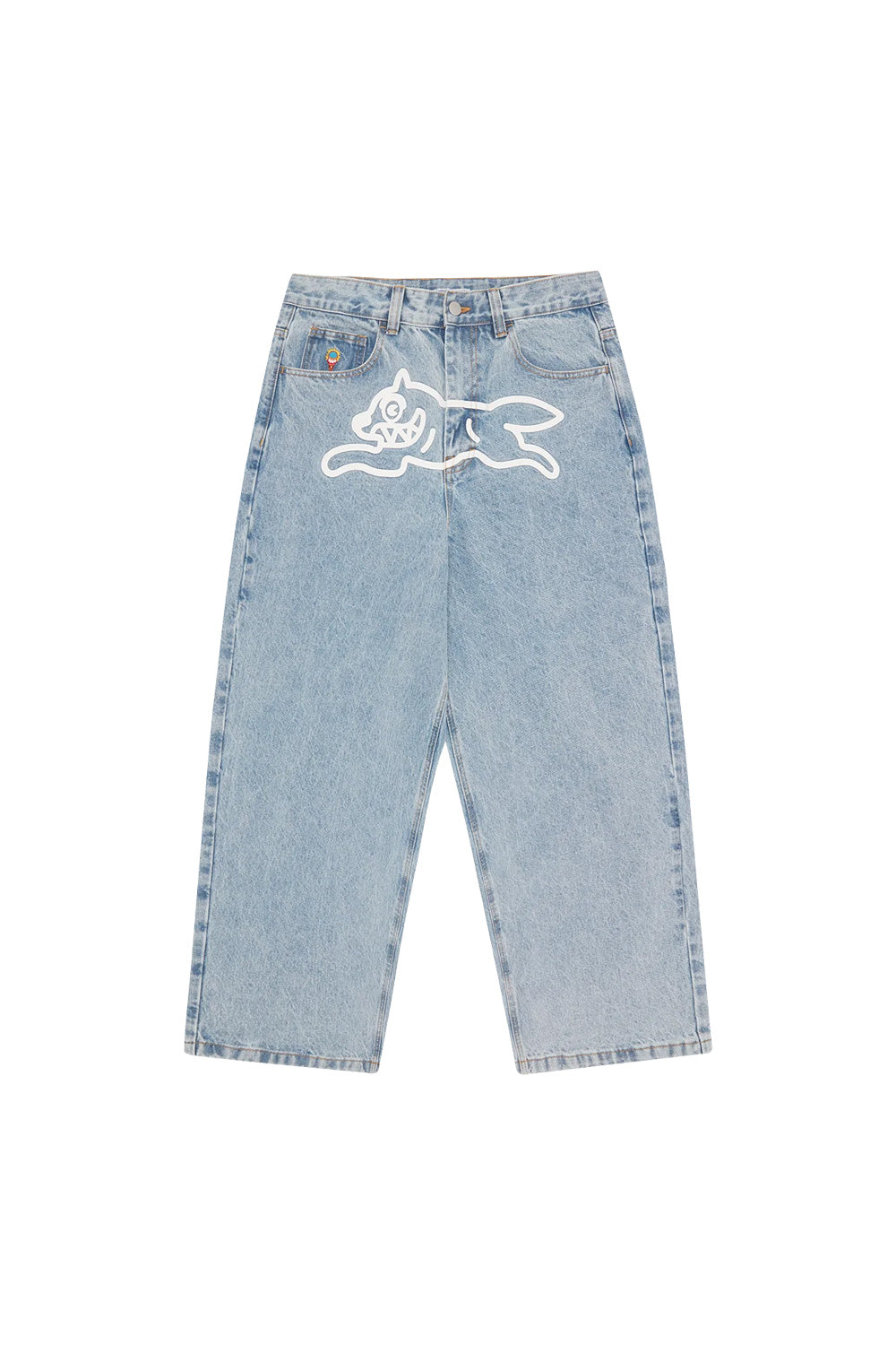 IceCream Running Dog Tripple Scoop Baggy Denim Pant Heavy Wash Blue (White Print) - BONKERS