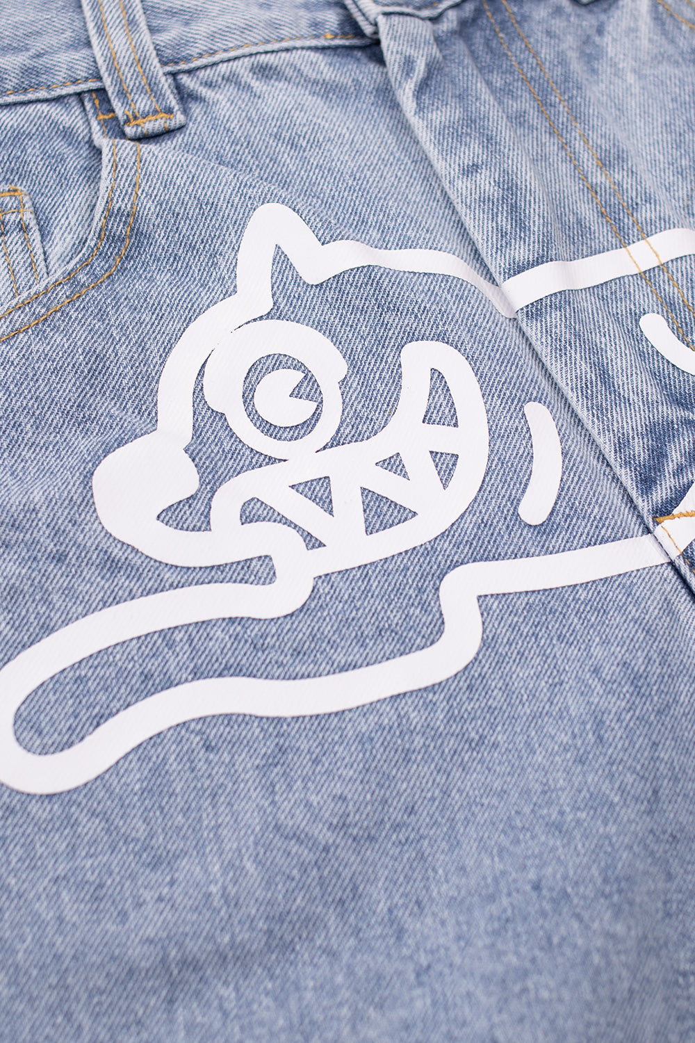 IceCream Running Dog Tripple Scoop Baggy Denim Pant Heavy Wash Blue (White Print) - BONKERS