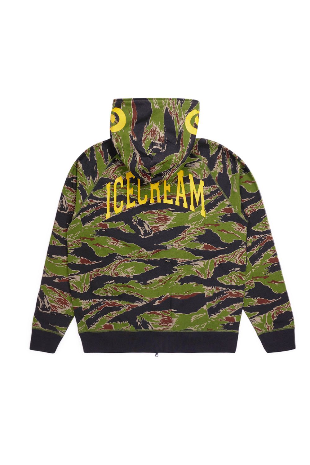 Back view of IceCream Smiley Tiger Stripe camo hoodie featuring bold yellow ICECREAM logo and full-zip hood, premium cotton streetwear inspired by skate culture.