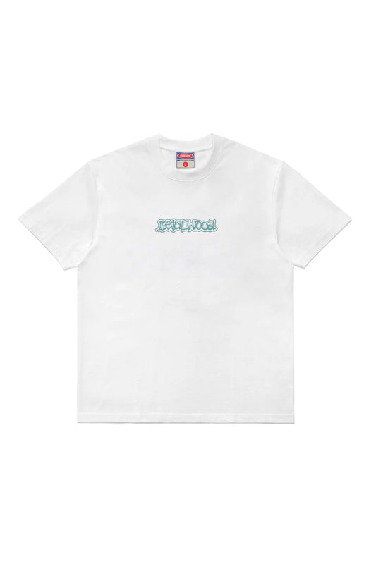 Metalwood Studio Dewey T-Shirt in White with bold center chest graphic, heavy cotton jersey fabric, relaxed wide fit and contemporary Los Angeles streetwear design