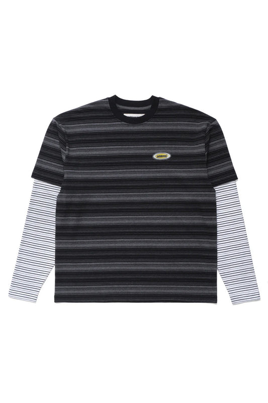 Metalwood Studio Double Layer Striped T-Shirt Black with boxy fit, layered long sleeve construction, black and charcoal striped pattern, chest rubber logo patch and premium 100% cotton streetwear design