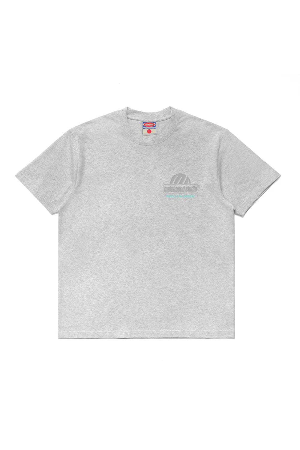 Metalwood Studio King Of The Greens T-Shirt Heather Grey featuring a subtle chest logo print, heavyweight 100% cotton construction, wide fit silhouette and vintage golf-inspired streetwear design