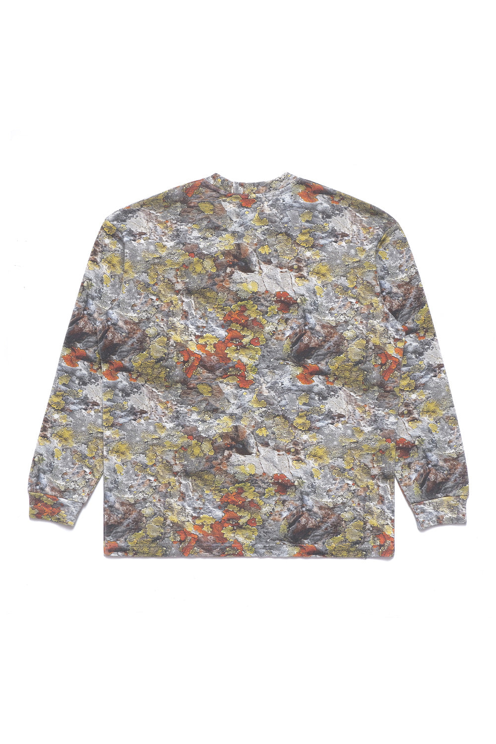 Back view of the Metalwood Studio Real Moss Camo Thermal Shirt – wide-fit waffle knit cotton long-sleeve showcasing full moss-inspired camouflage print.