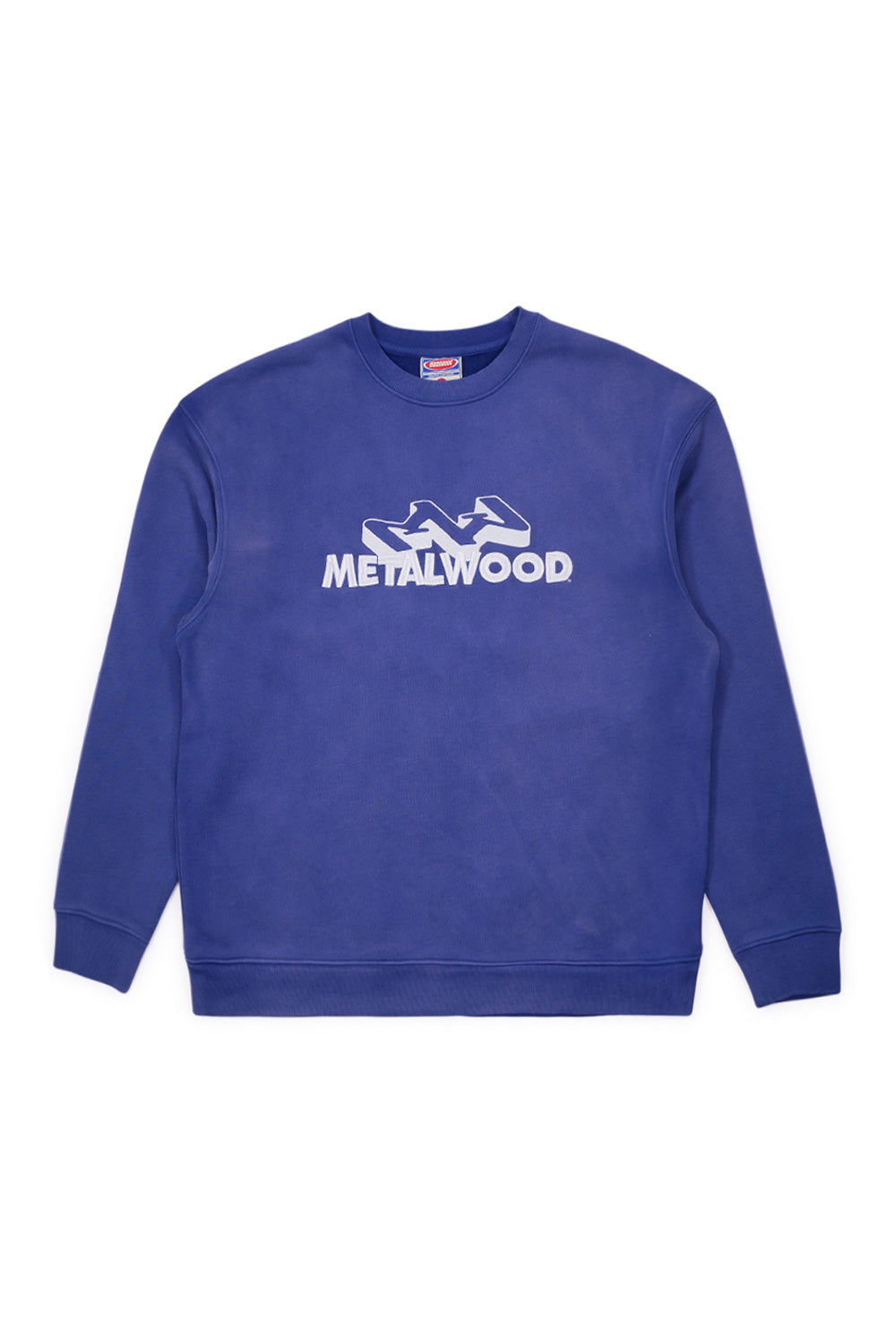 Metalwood Studio Mountaineer Crewneck Sweatshirt Navy for men, wide-fit heavy cotton pullover with embroidered front lettering.